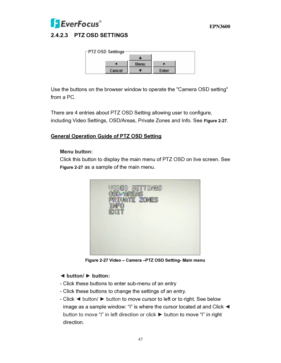 EverFocus EPN3600 user manual PTZ OSD Settings, General Operation Guide of PTZ OSD Setting 