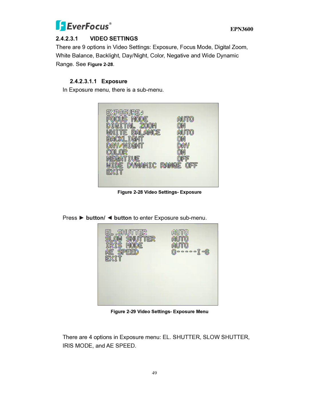 EverFocus EPN3600 user manual Video Settings, Exposure 