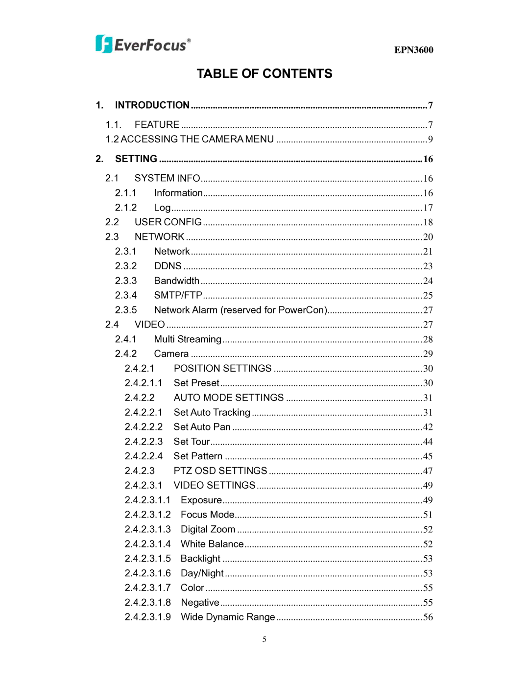 EverFocus EPN3600 user manual Table of Contents 