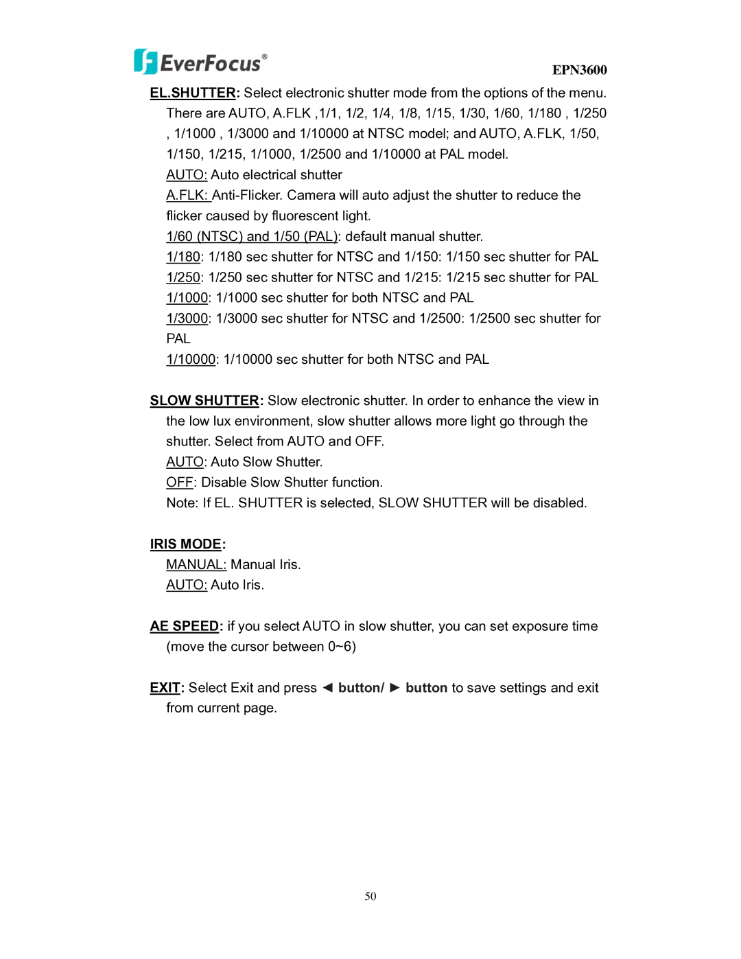 EverFocus EPN3600 user manual Iris Mode 