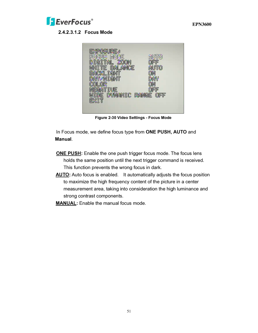 EverFocus EPN3600 user manual Video Settings Focus Mode 