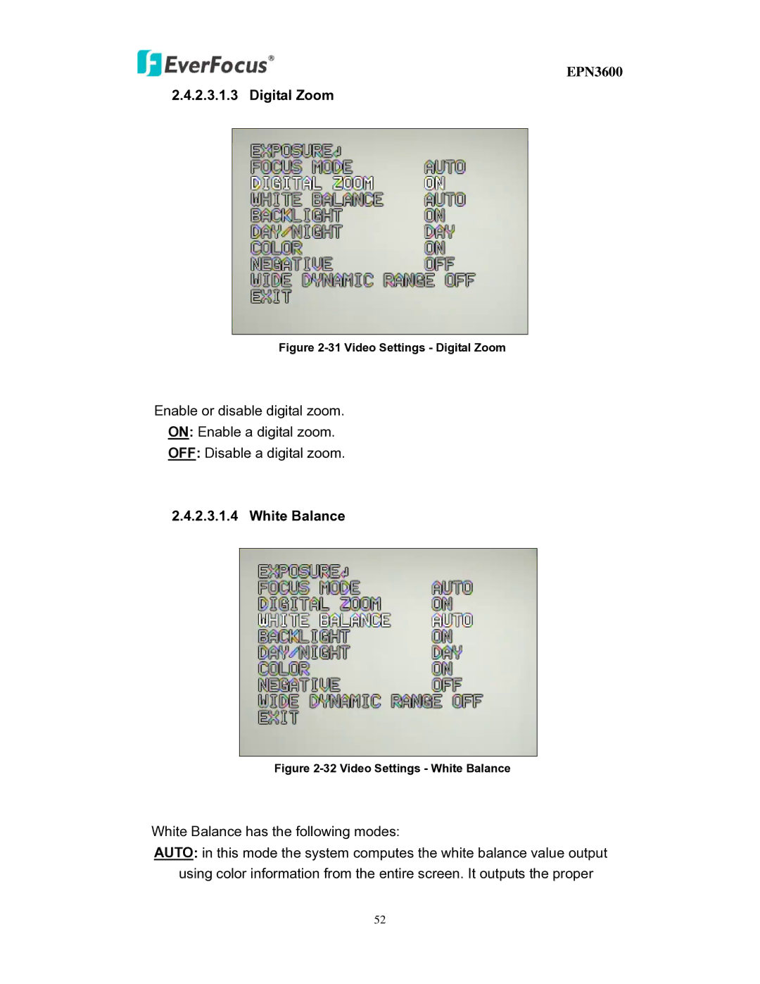 EverFocus EPN3600 user manual Digital Zoom, White Balance 