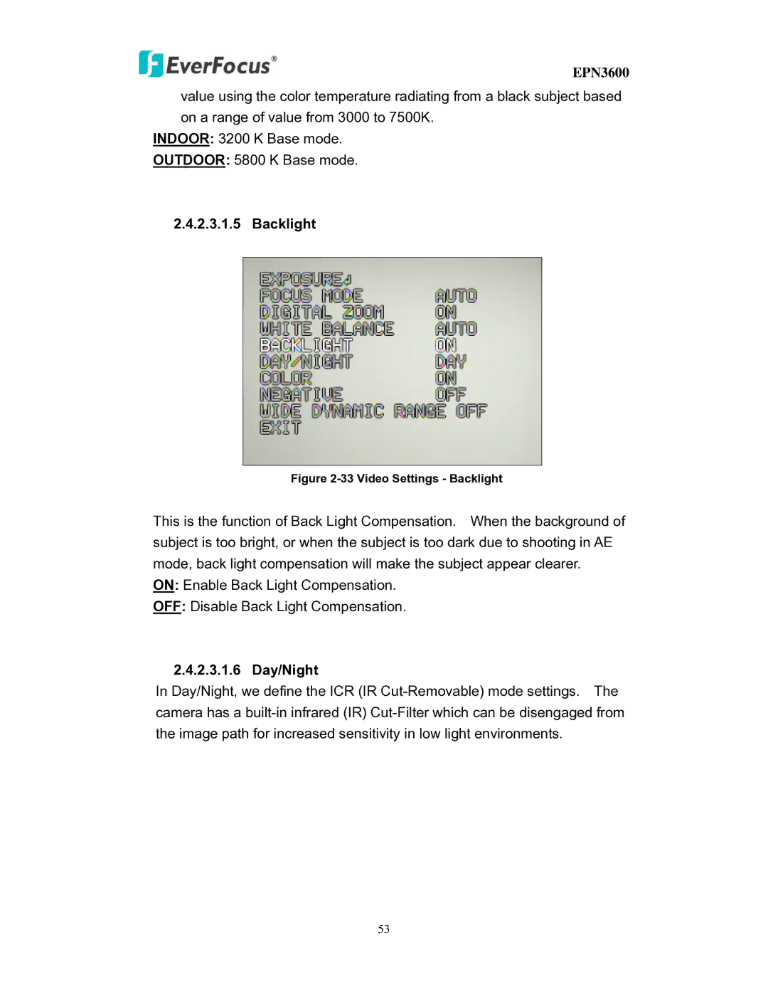 EverFocus EPN3600 user manual Backlight, 2.3.1.6 Day/Night 