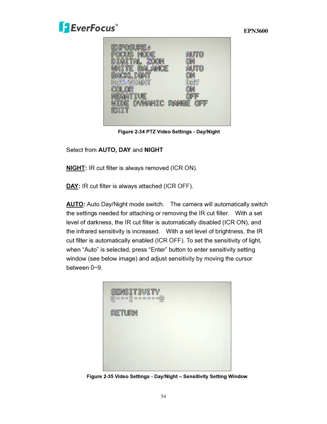 EverFocus EPN3600 user manual PTZ Video Settings Day/Night 