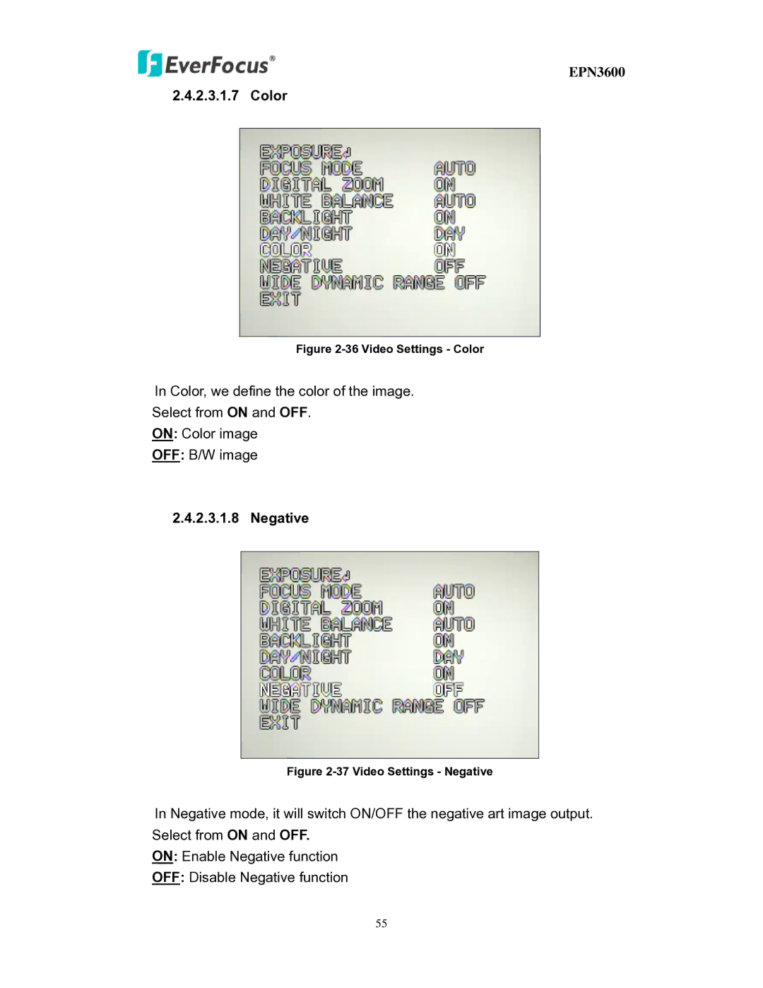 EverFocus EPN3600 user manual Color, Negative 