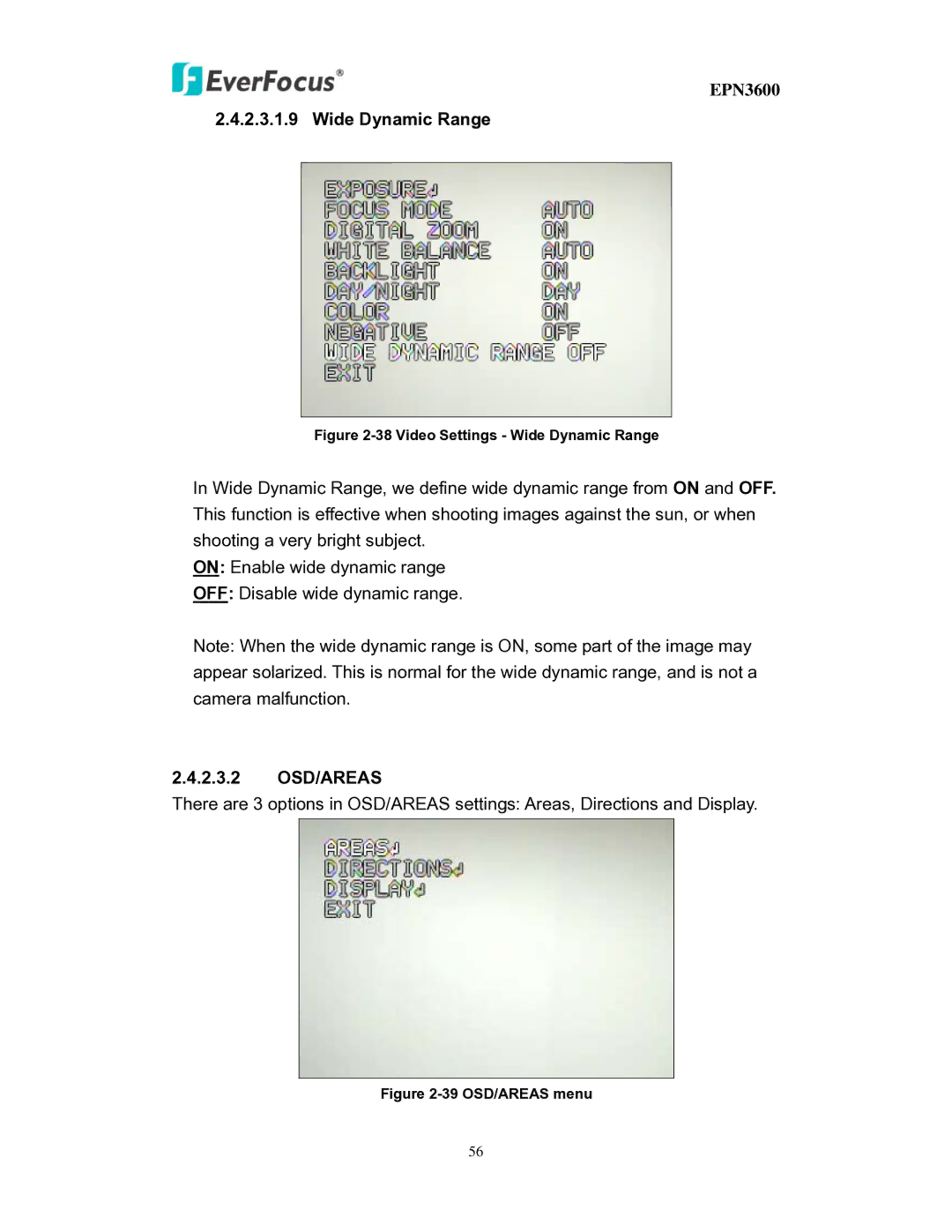 EverFocus EPN3600 user manual Wide Dynamic Range, 2.3.2 OSD/AREAS 