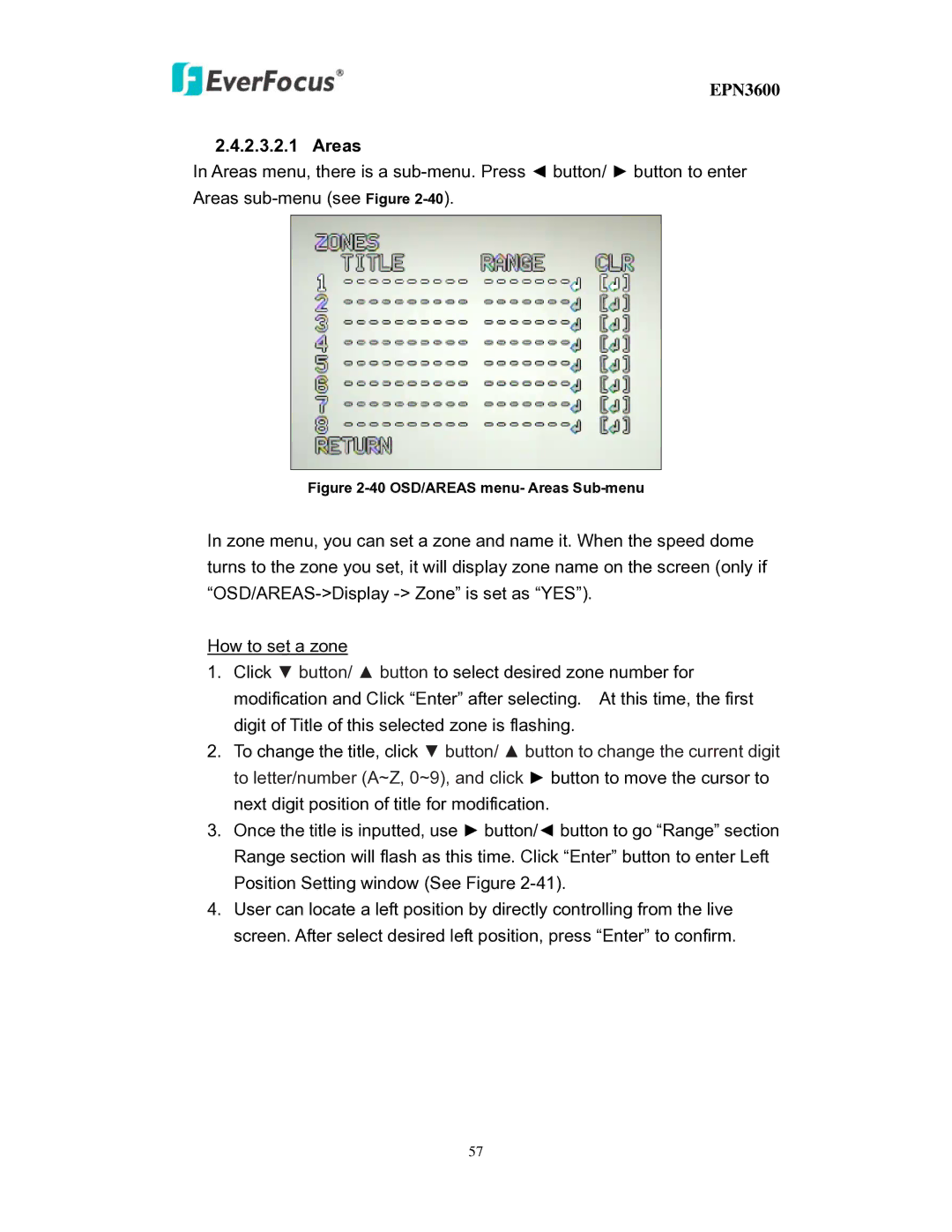 EverFocus EPN3600 user manual 40 OSD/AREAS menu- Areas Sub-menu 