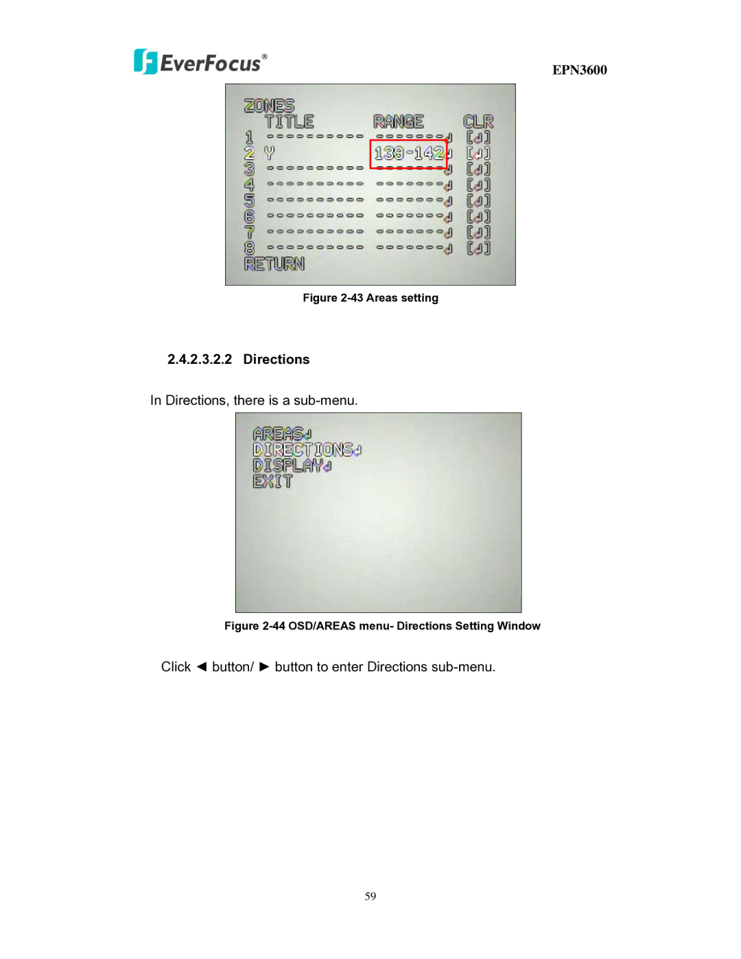 EverFocus EPN3600 user manual Directions, Areas setting 