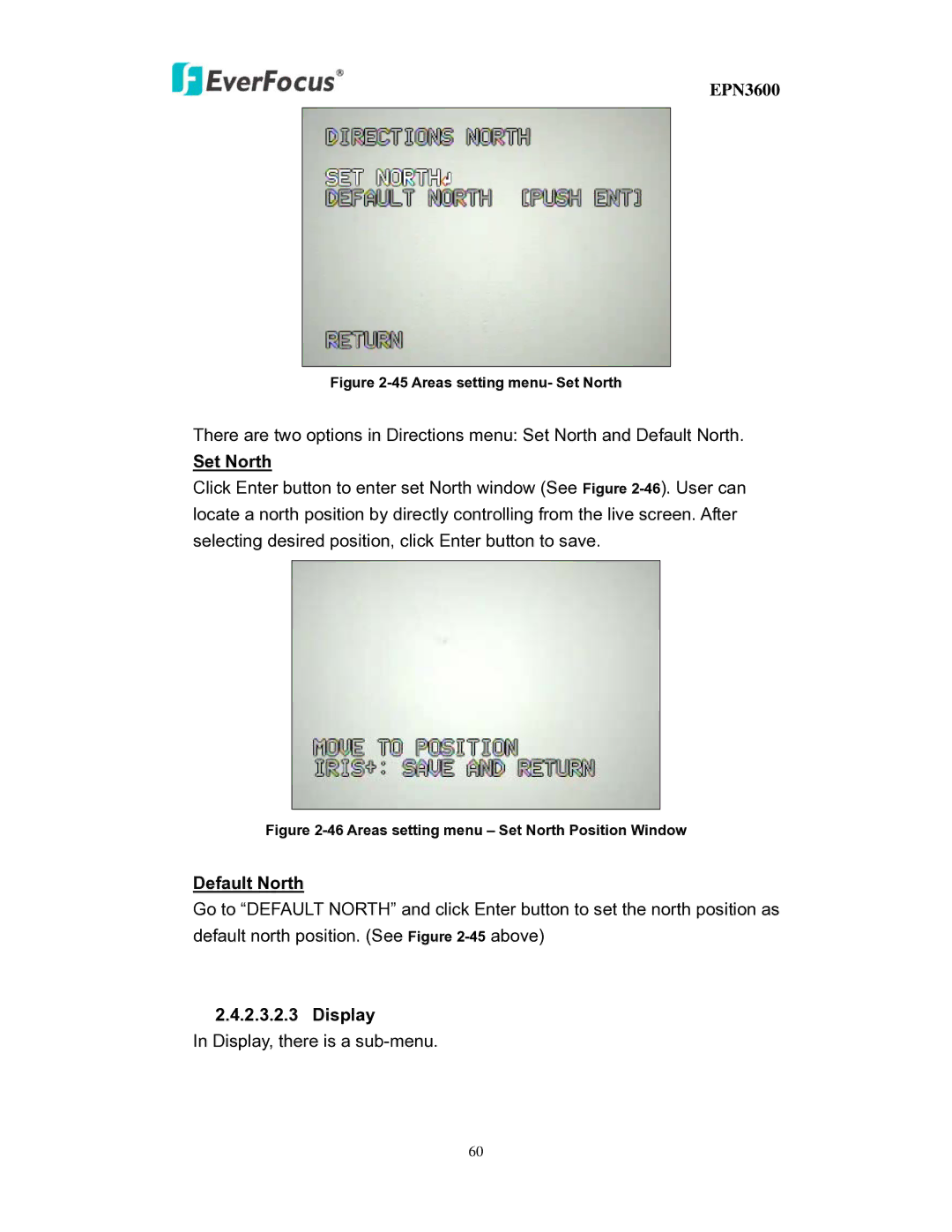 EverFocus EPN3600 user manual Set North, Default North, Display 