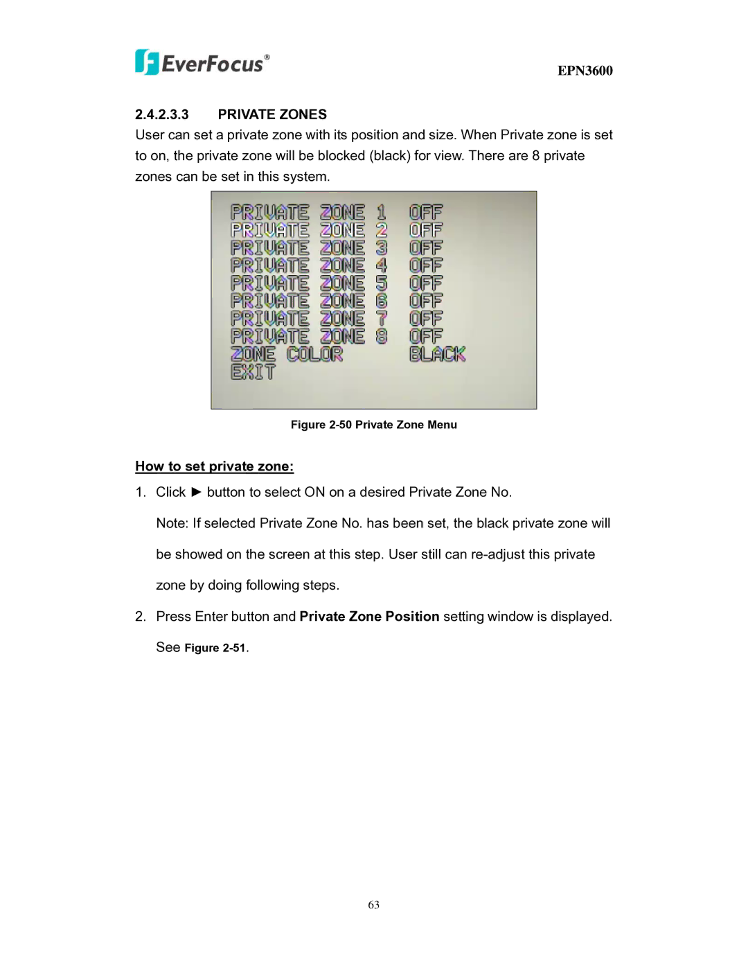 EverFocus EPN3600 user manual Private Zones, How to set private zone 