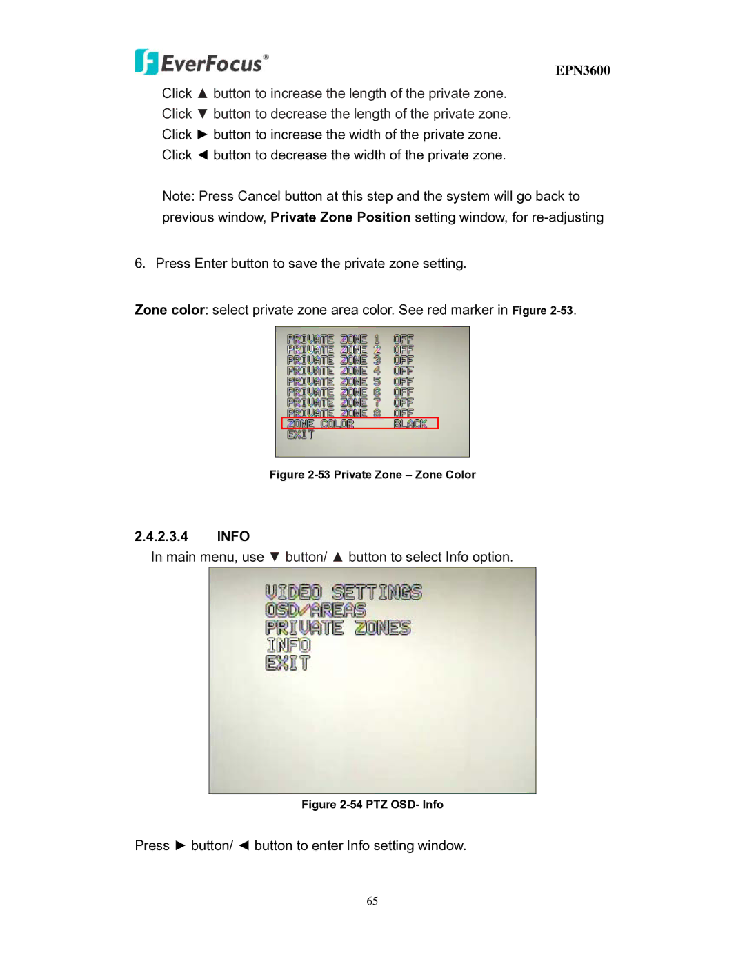 EverFocus EPN3600 user manual Info, Private Zone Zone Color 