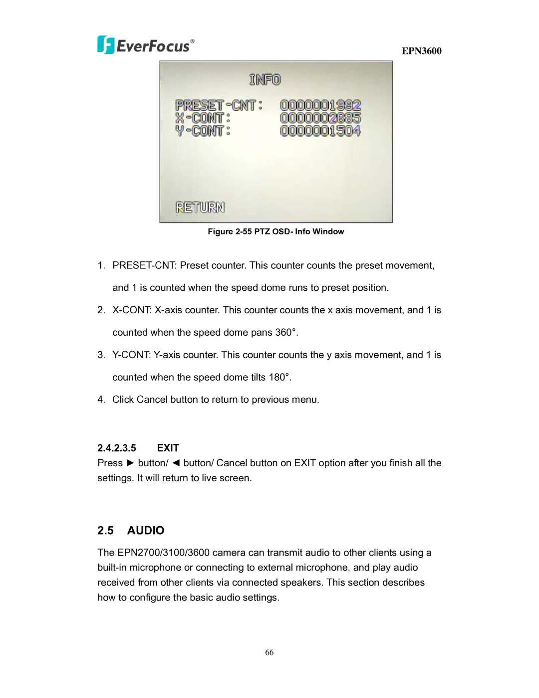 EverFocus EPN3600 user manual Audio, Exit 