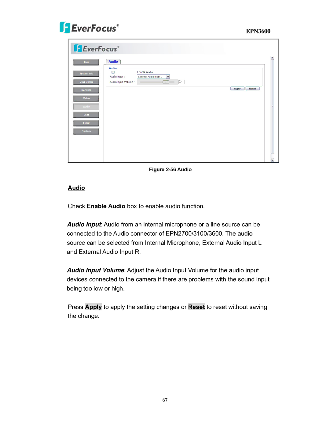 EverFocus EPN3600 user manual Audio 