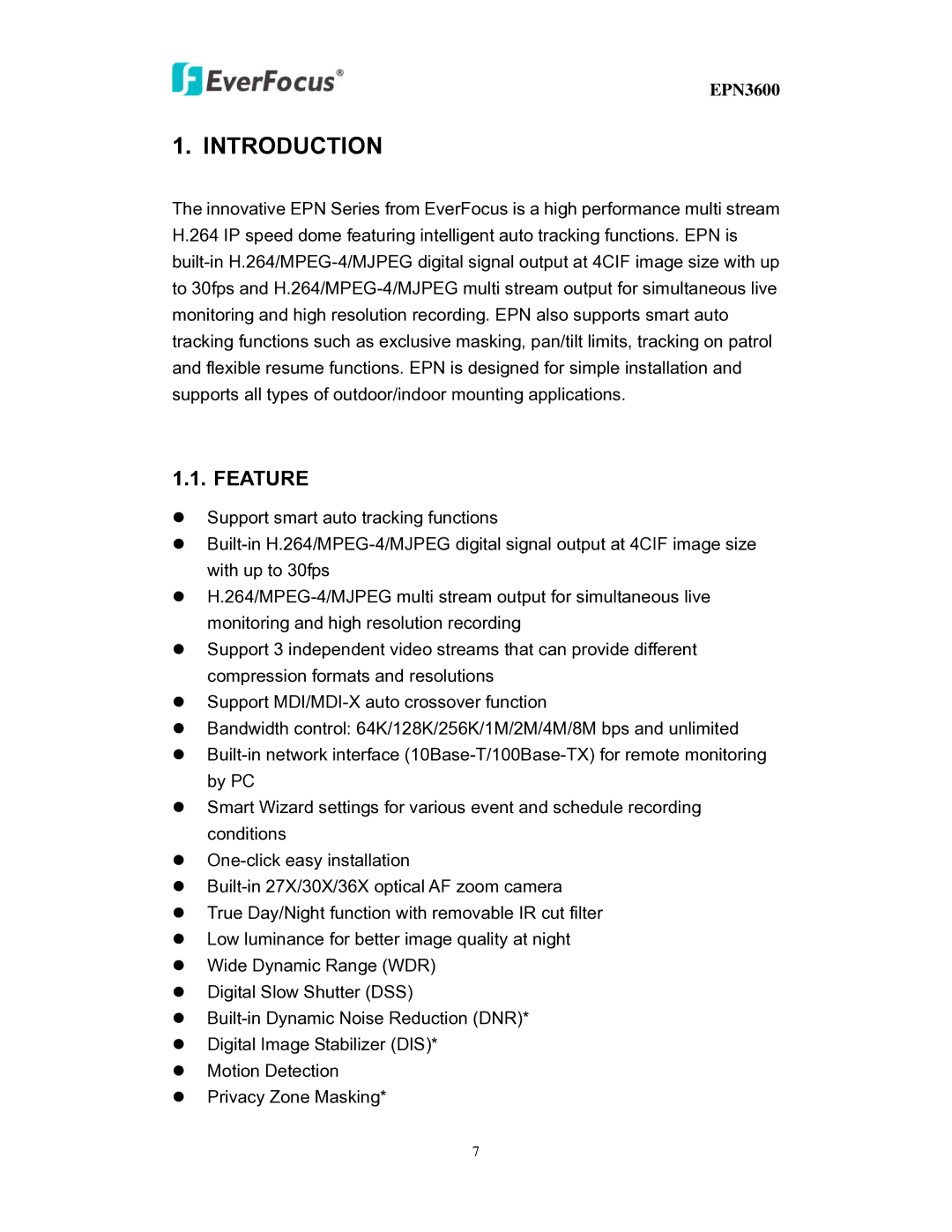 EverFocus EPN3600 user manual Introduction, Feature 