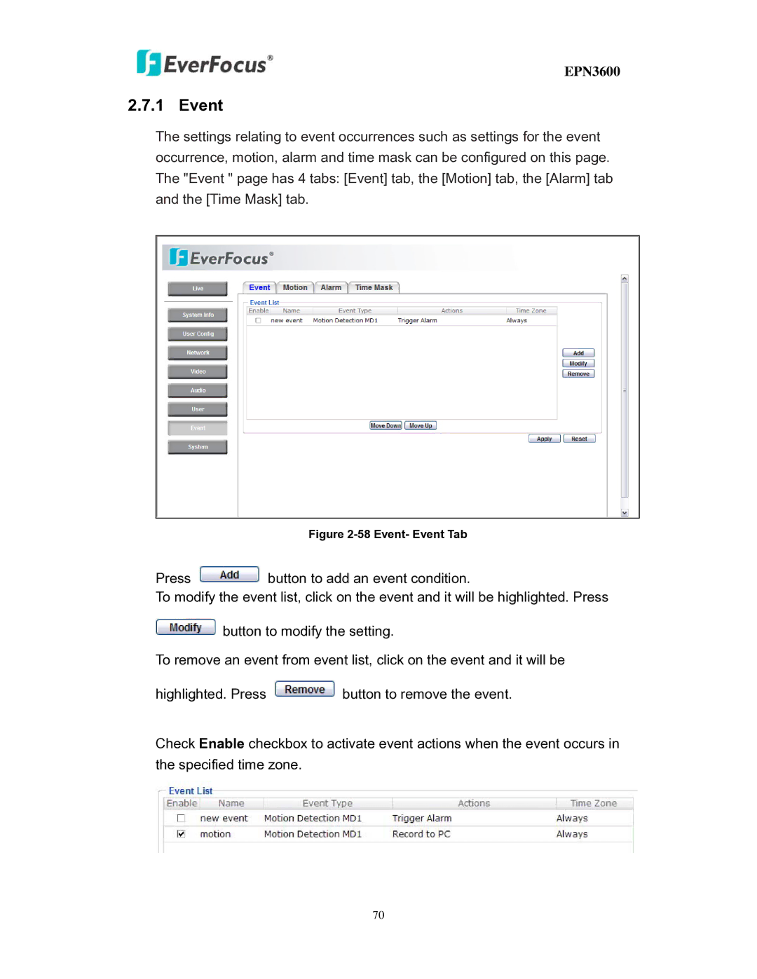 EverFocus EPN3600 user manual Event, Press Button to add an event condition 