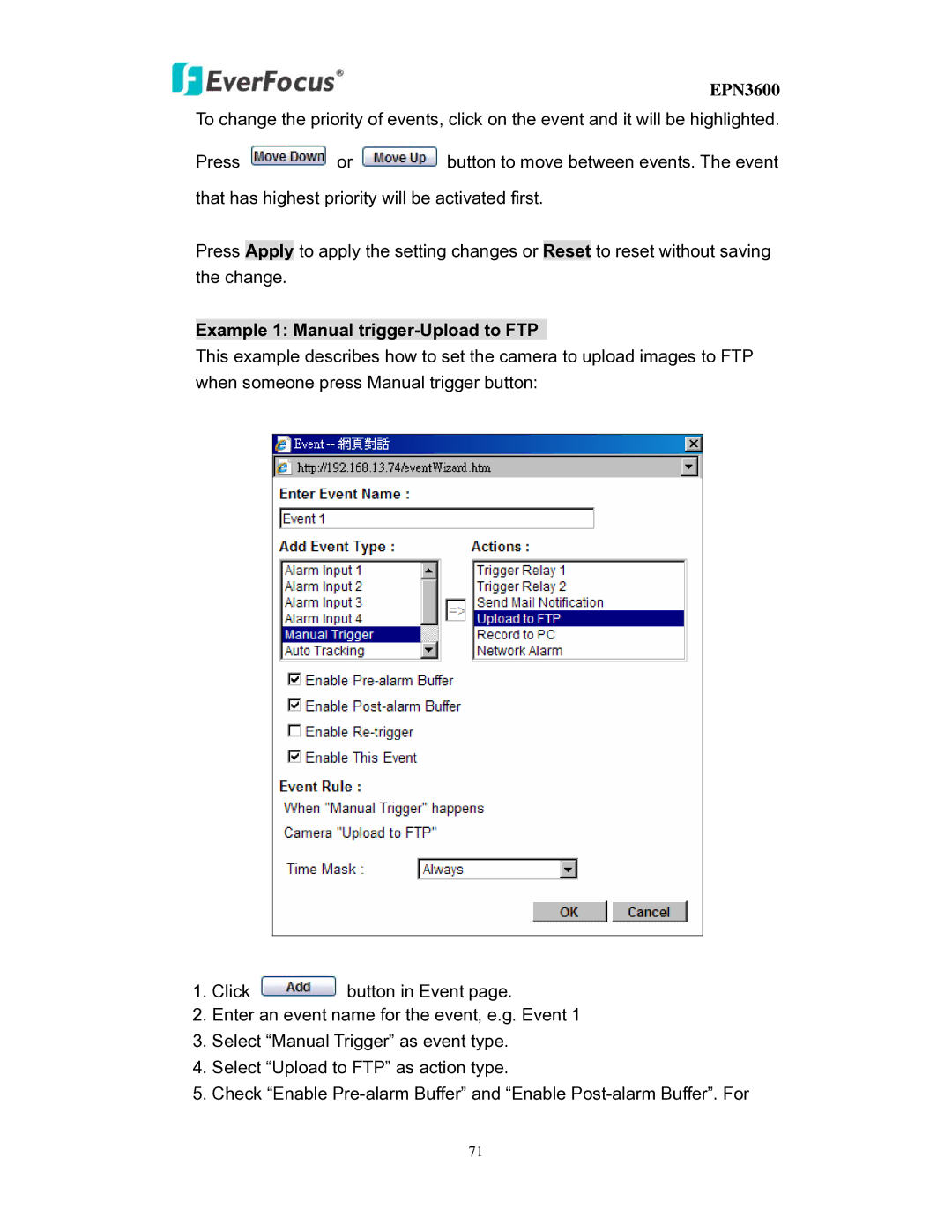 EverFocus EPN3600 user manual Example 1 Manual trigger-Upload to FTP 