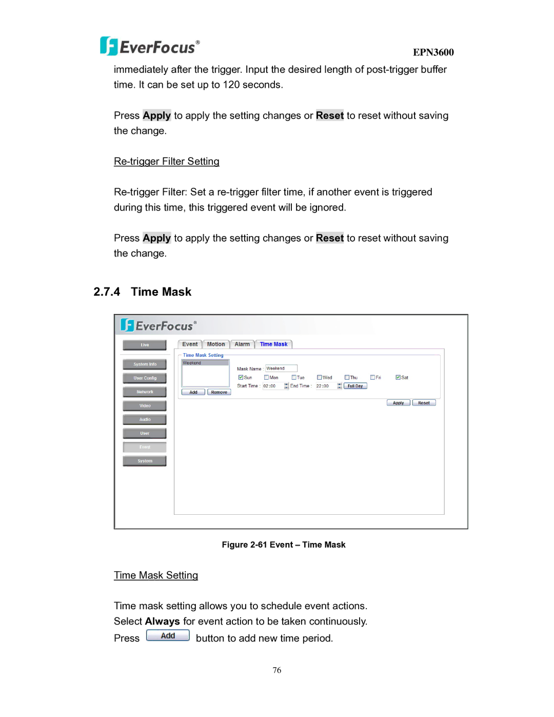 EverFocus EPN3600 user manual Event Time Mask 