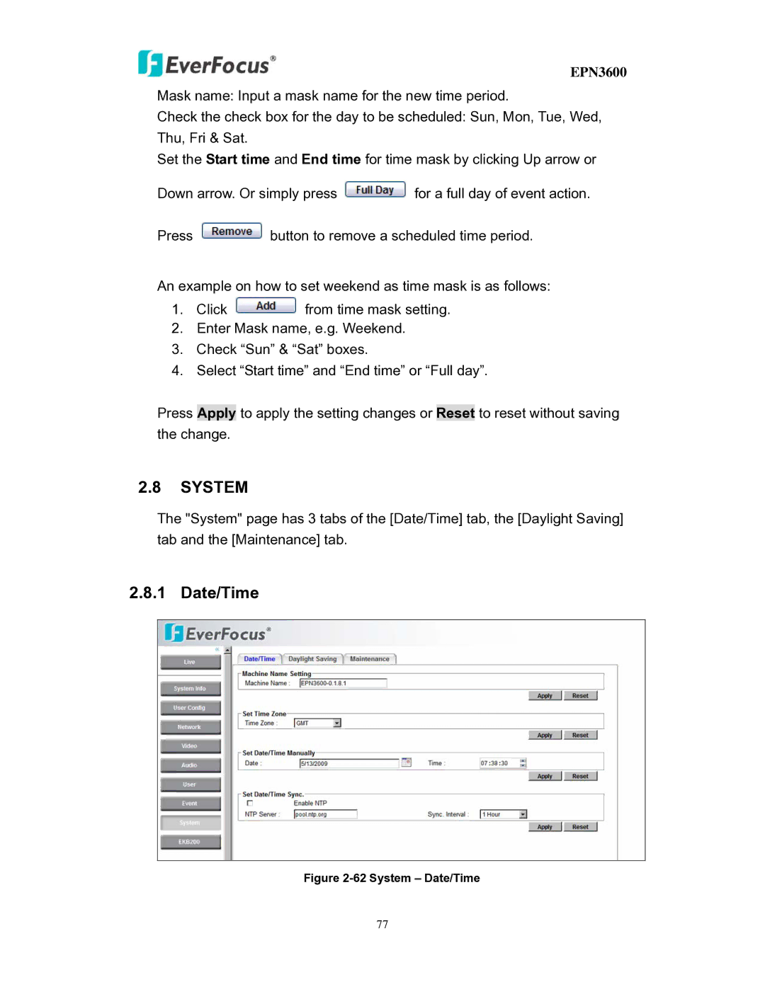 EverFocus EPN3600 user manual System, Date/Time 