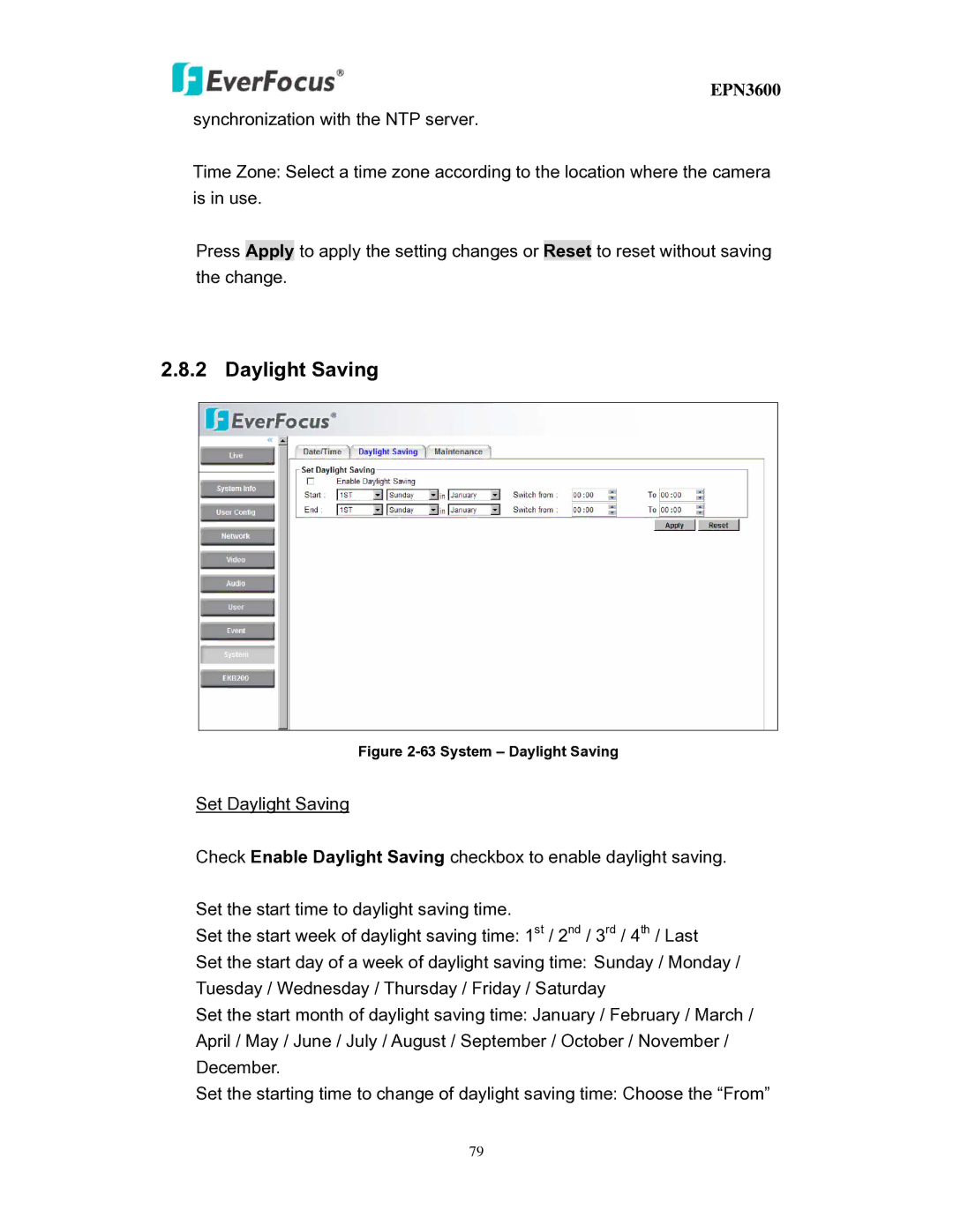 EverFocus EPN3600 user manual System Daylight Saving 