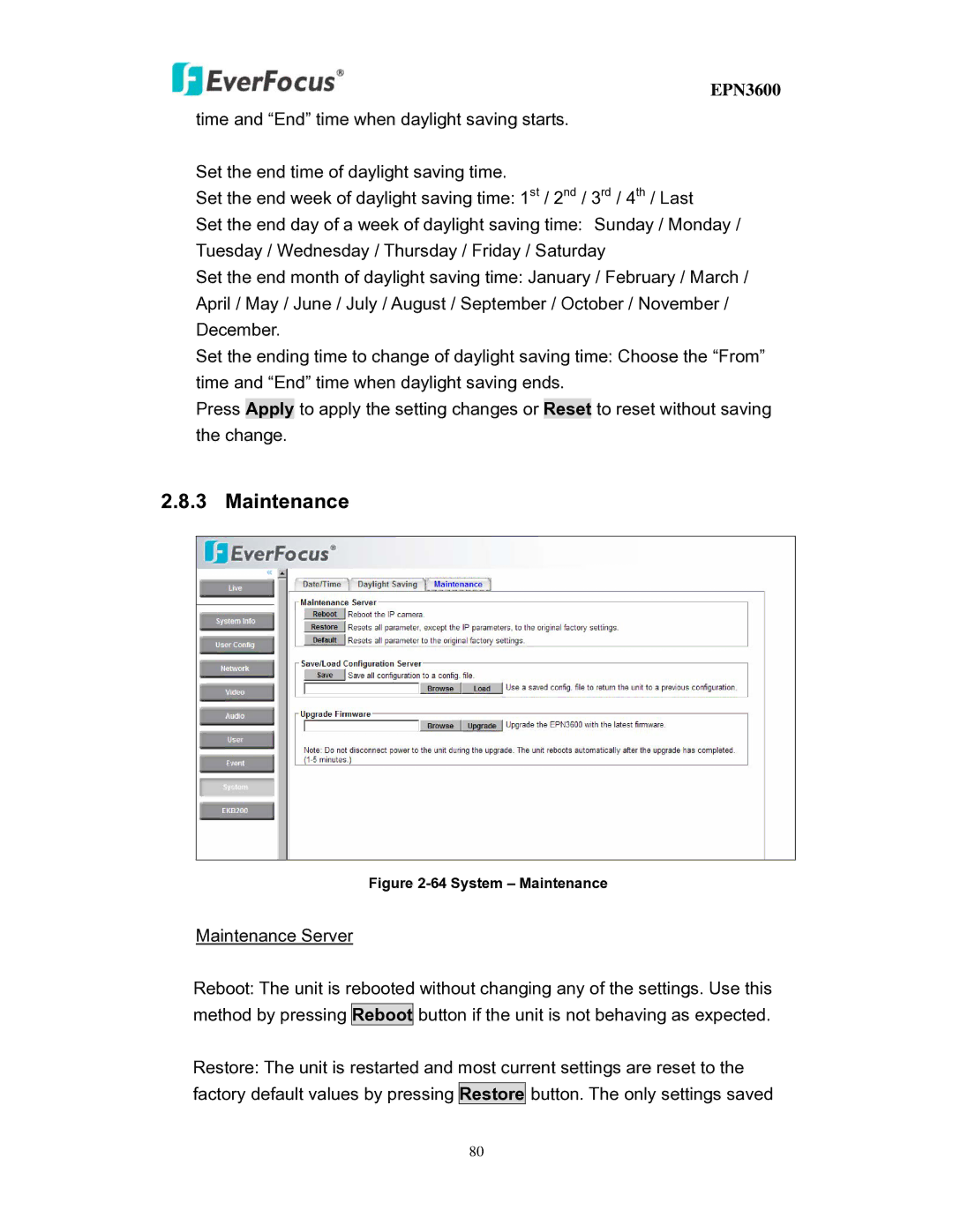 EverFocus EPN3600 user manual System Maintenance 