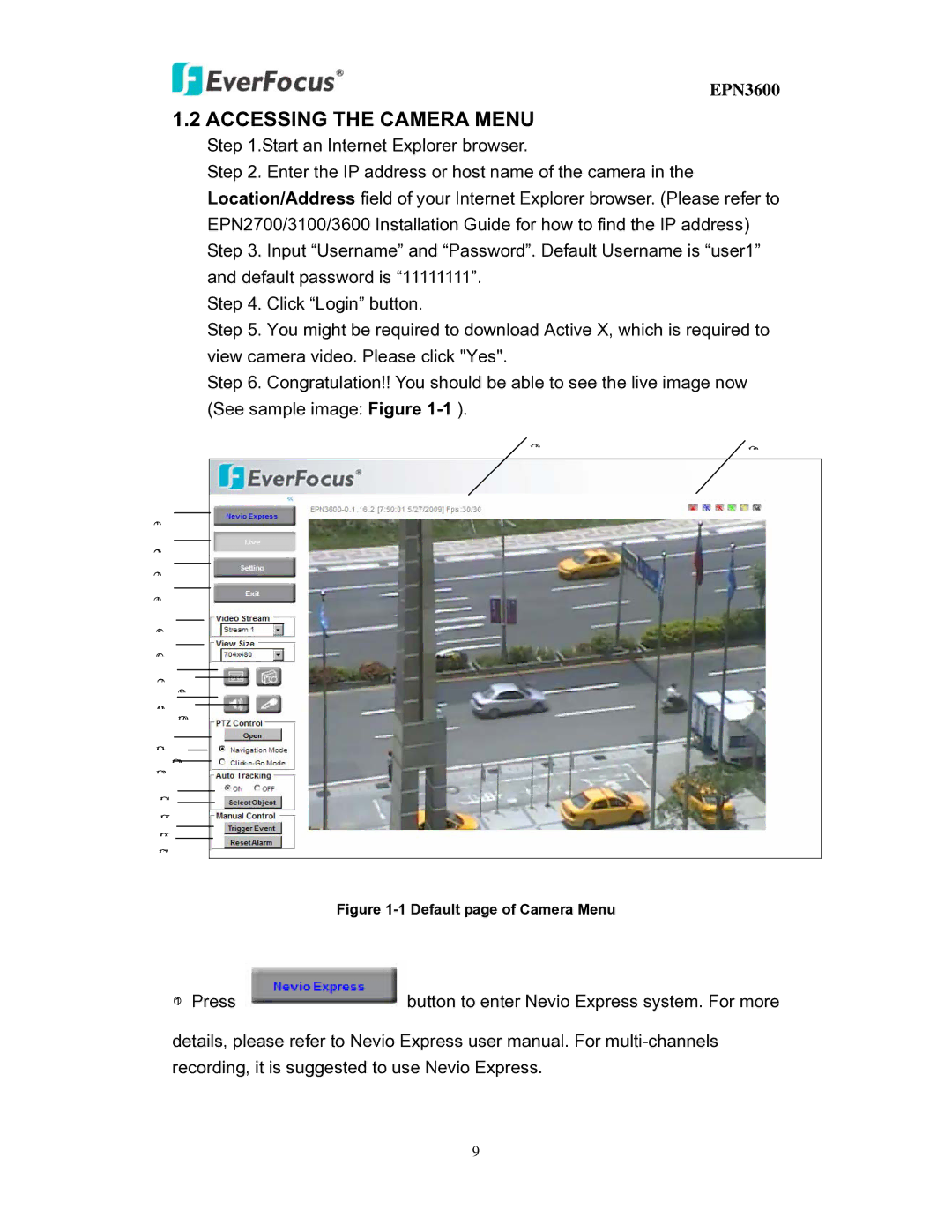 EverFocus EPN3600 user manual Accessing the Camera Menu, Default page of Camera Menu 