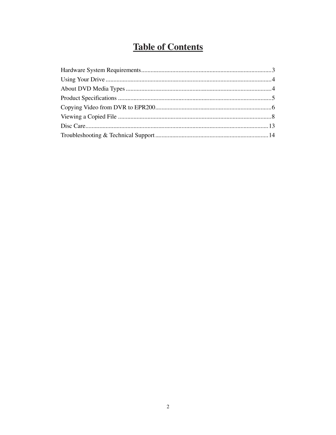 EverFocus EPR200 manual Table of Contents 