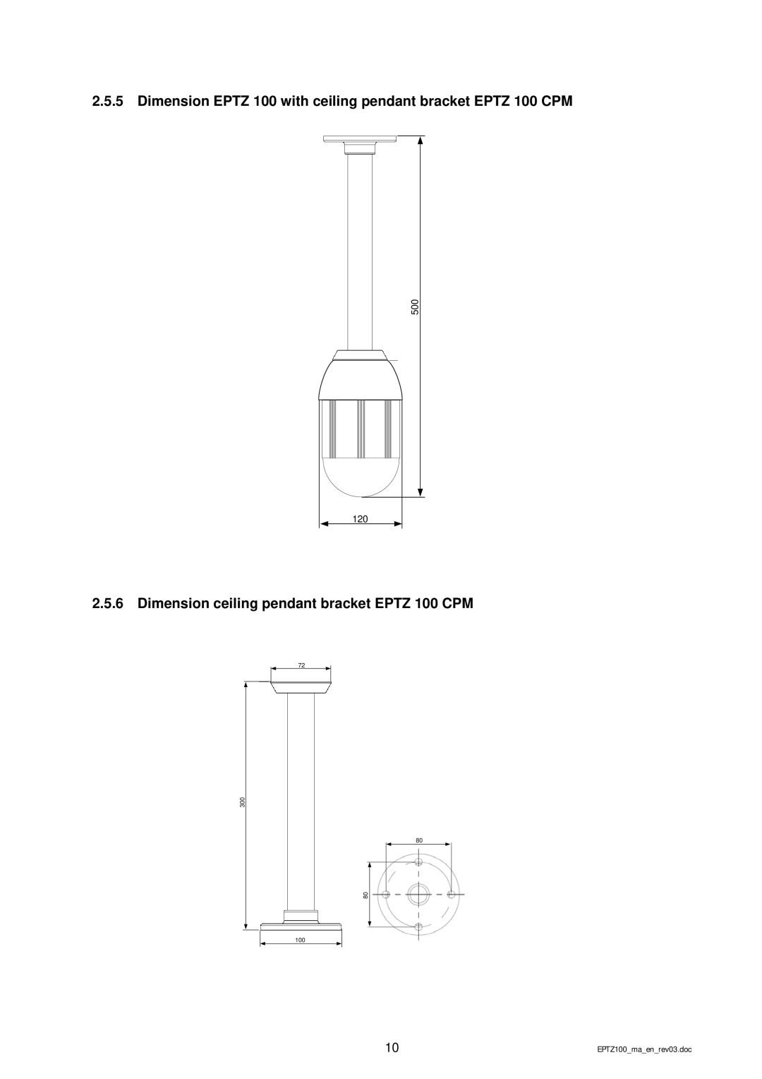 EverFocus EPTZ 100 manual Dimension Eptz 100 with ceiling pendant bracket Eptz 100 CPM 