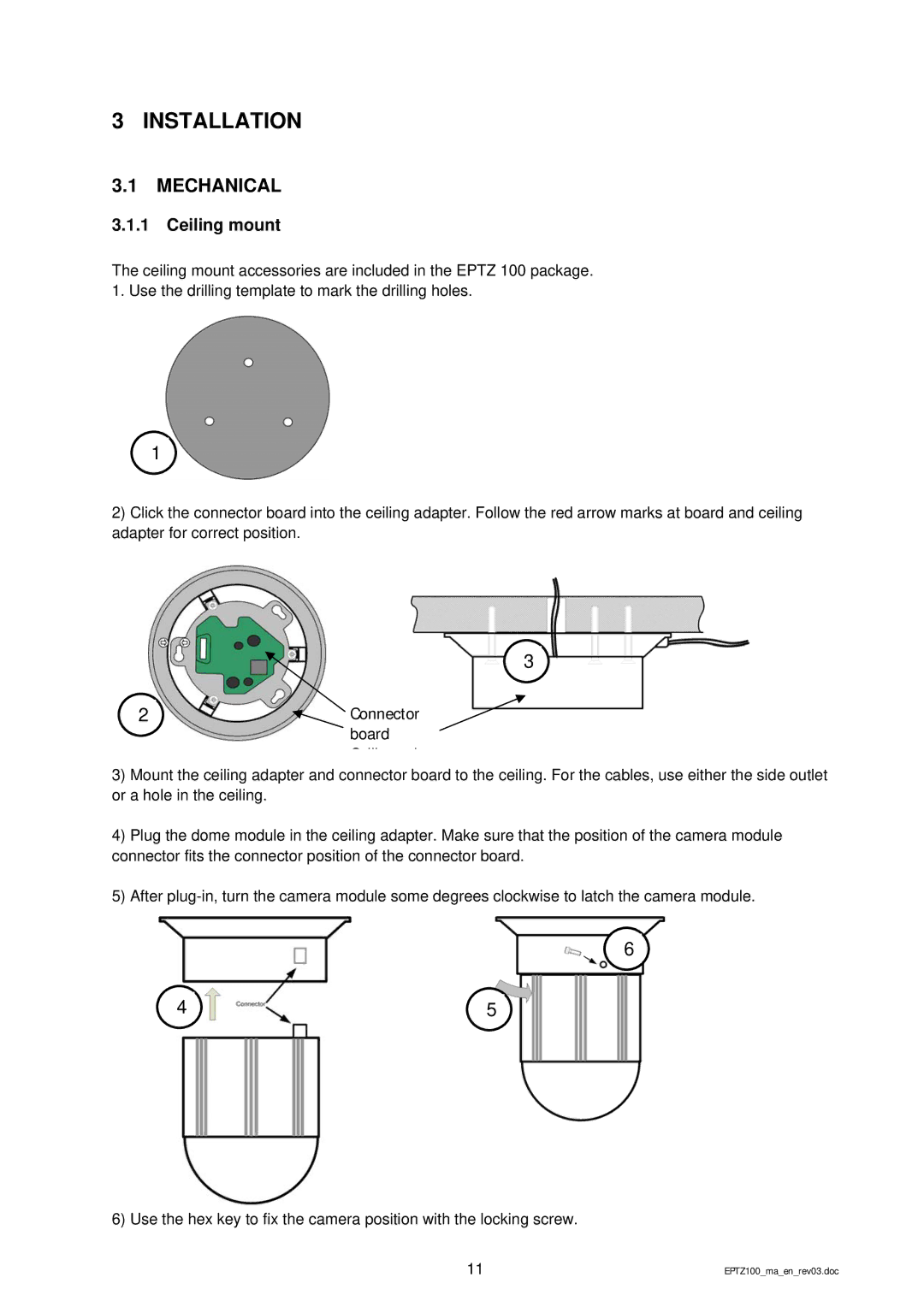 EverFocus EPTZ 100 manual Installation, Mechanical, Ceiling mount 