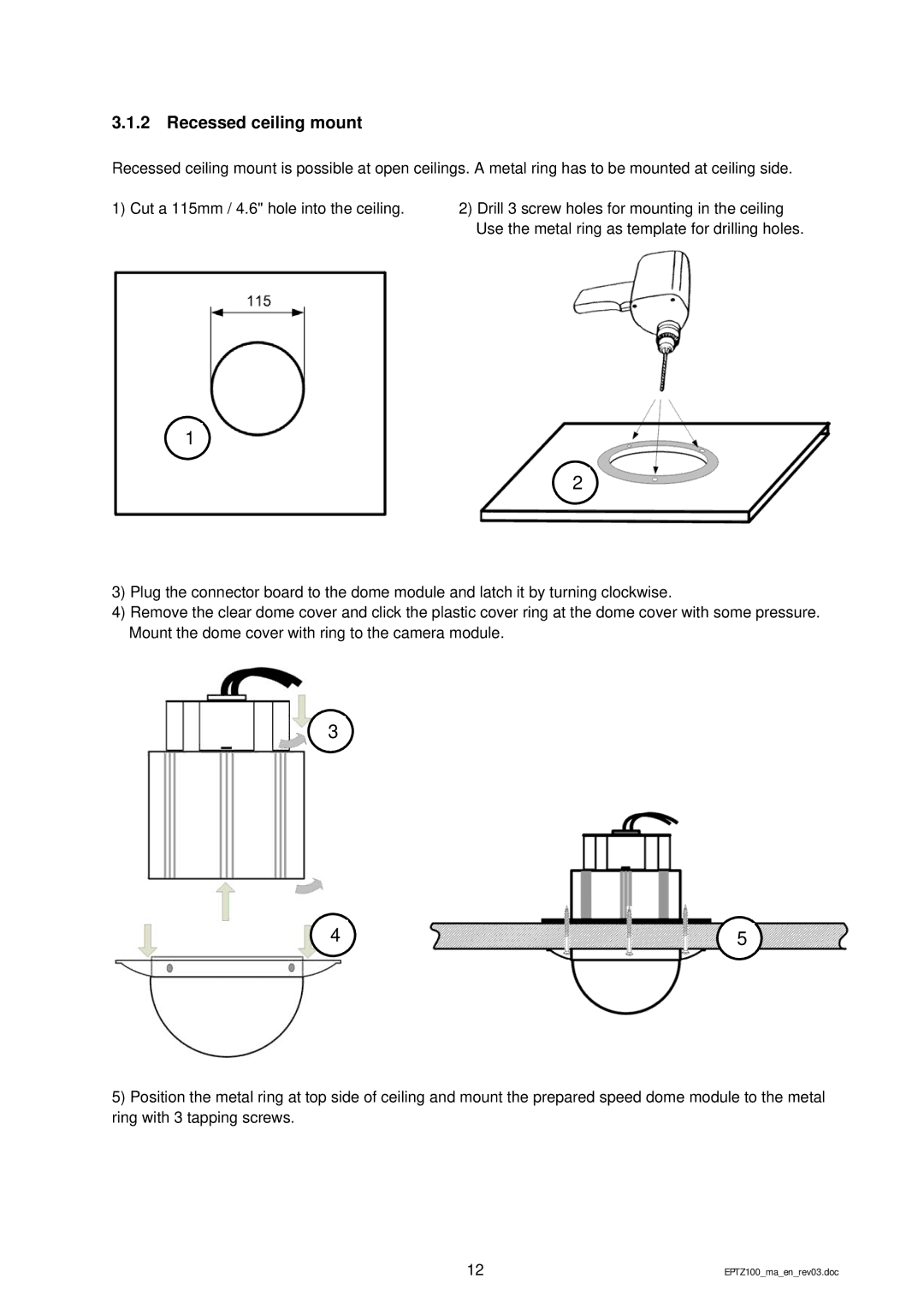 EverFocus EPTZ 100 manual Recessed ceiling mount 