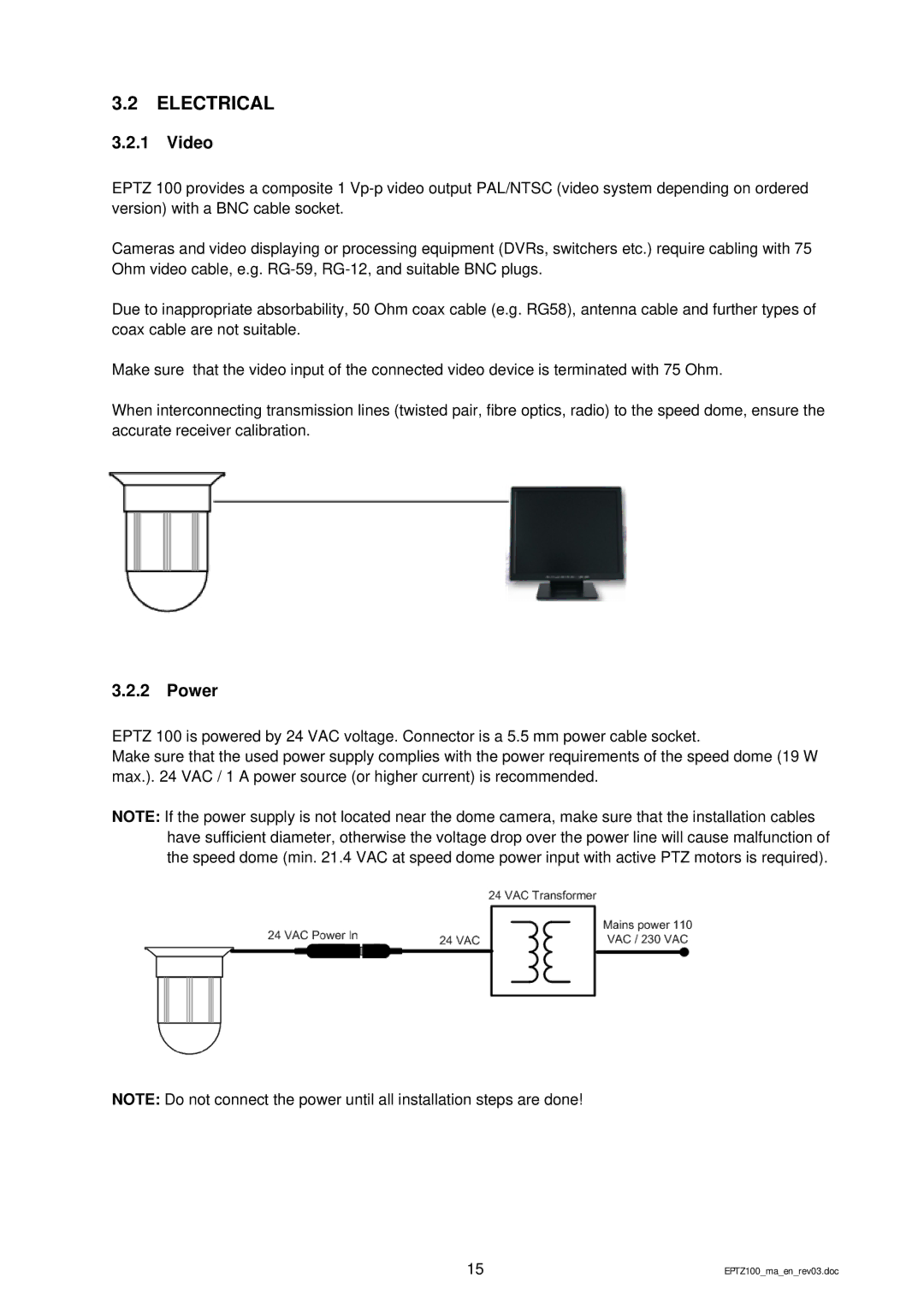 EverFocus EPTZ 100 manual Electrical, Video, Power 