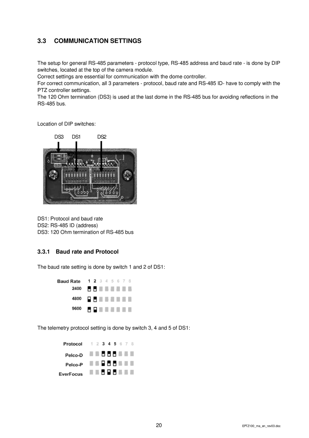 EverFocus EPTZ 100 manual Communication Settings, Baud rate and Protocol 