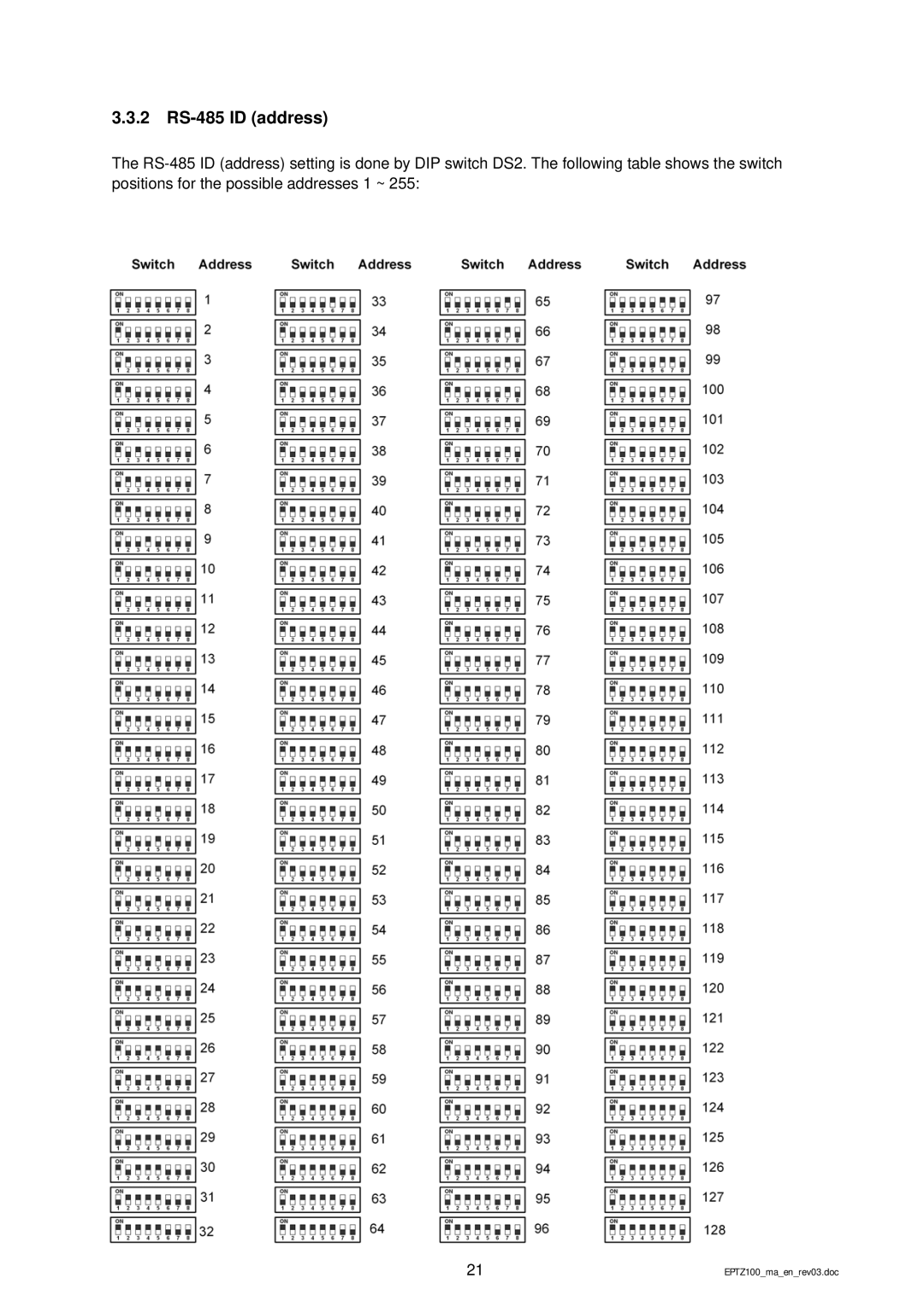 EverFocus EPTZ 100 manual 2 RS-485 ID address 