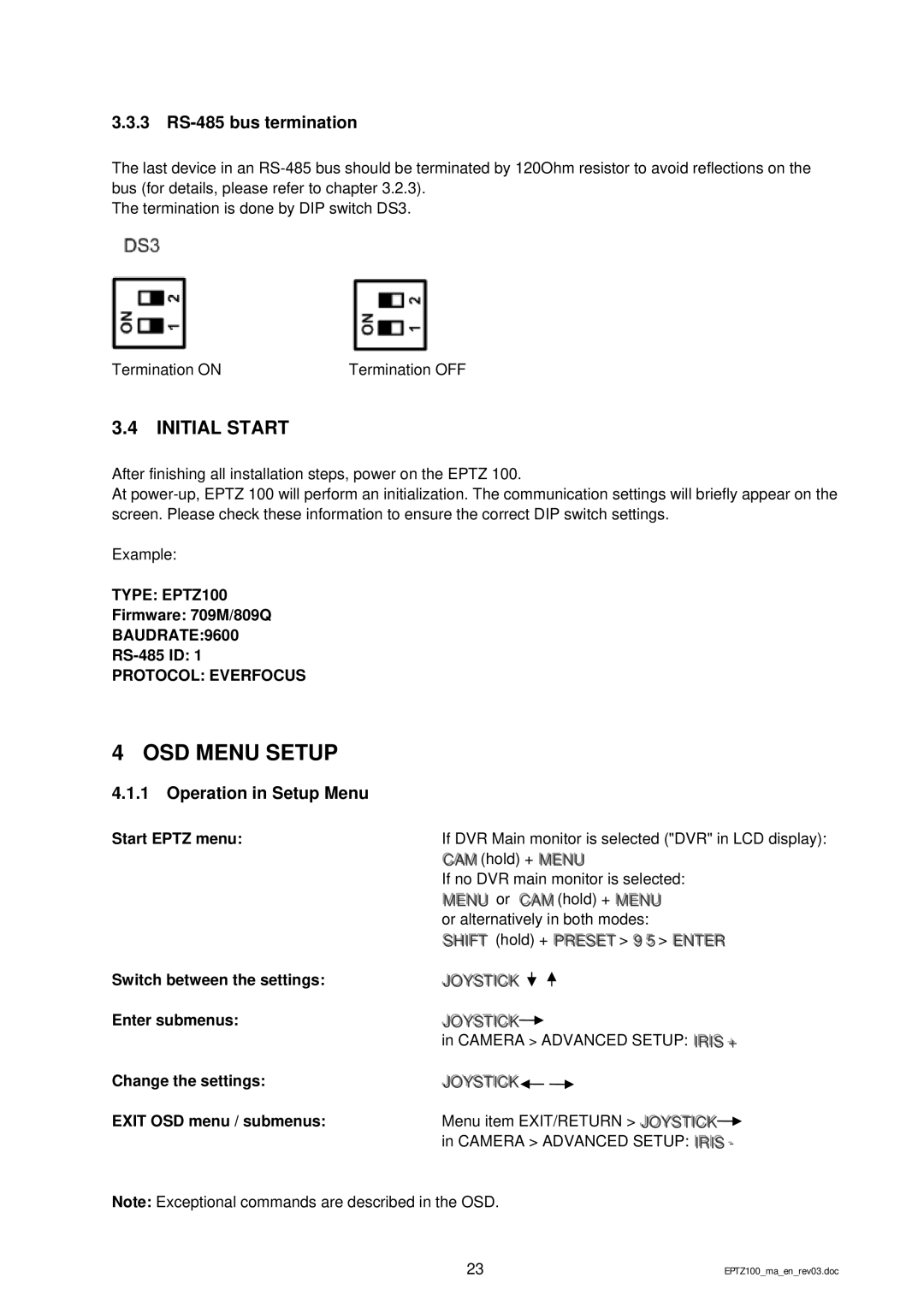 EverFocus EPTZ 100 manual OSD Menu Setup, Initial Start, 3 RS-485 bus termination, Operation in Setup Menu 