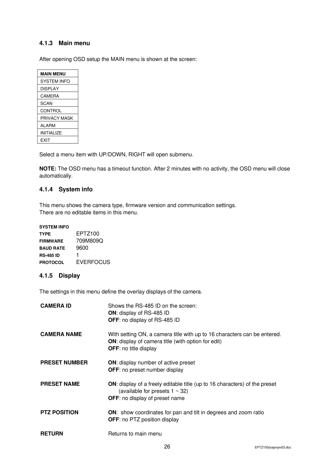 EverFocus EPTZ 100 manual Main menu, System info, Display 