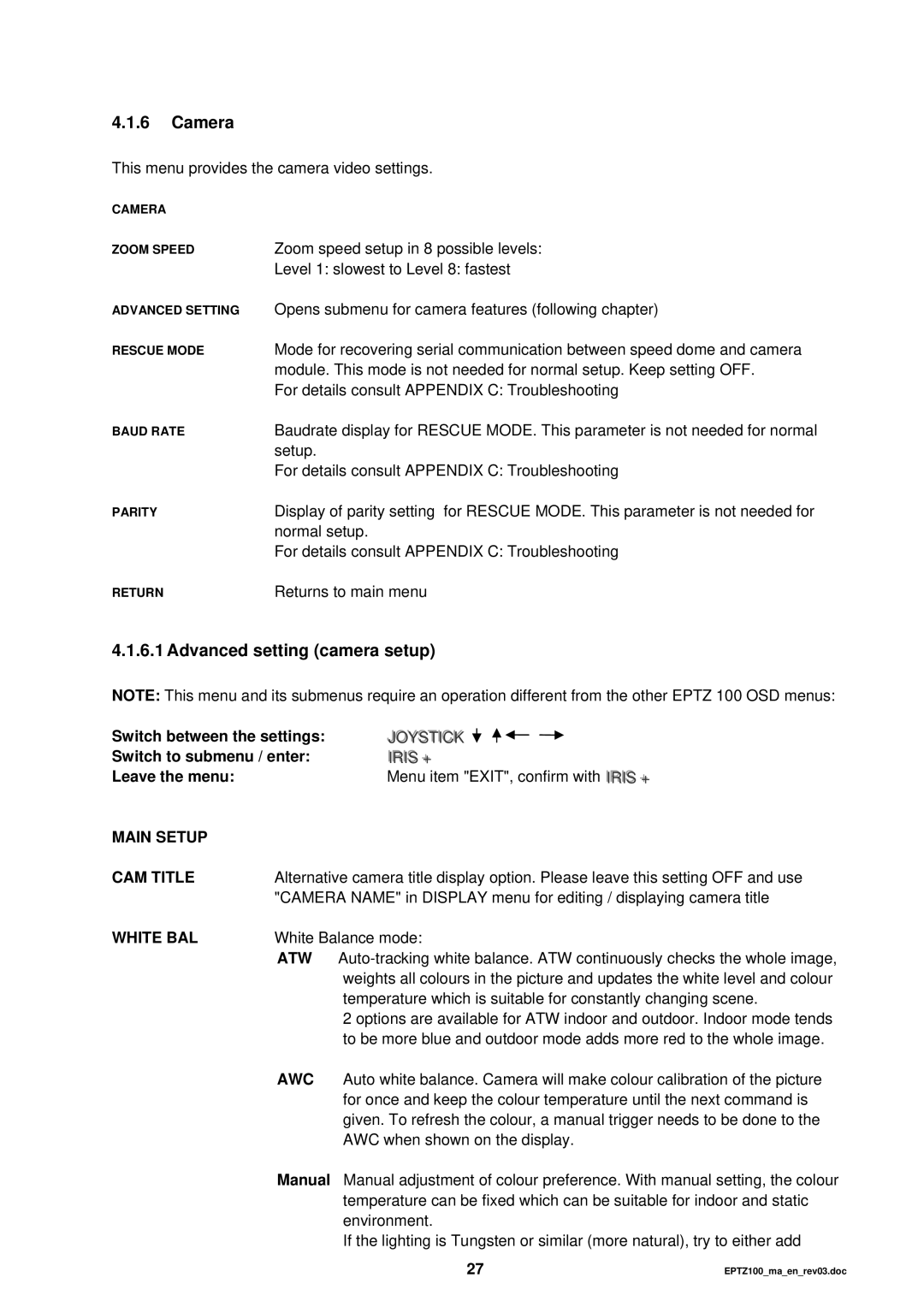 EverFocus EPTZ 100 manual Camera, Advanced setting camera setup, Main Setup CAM Title, White BAL 