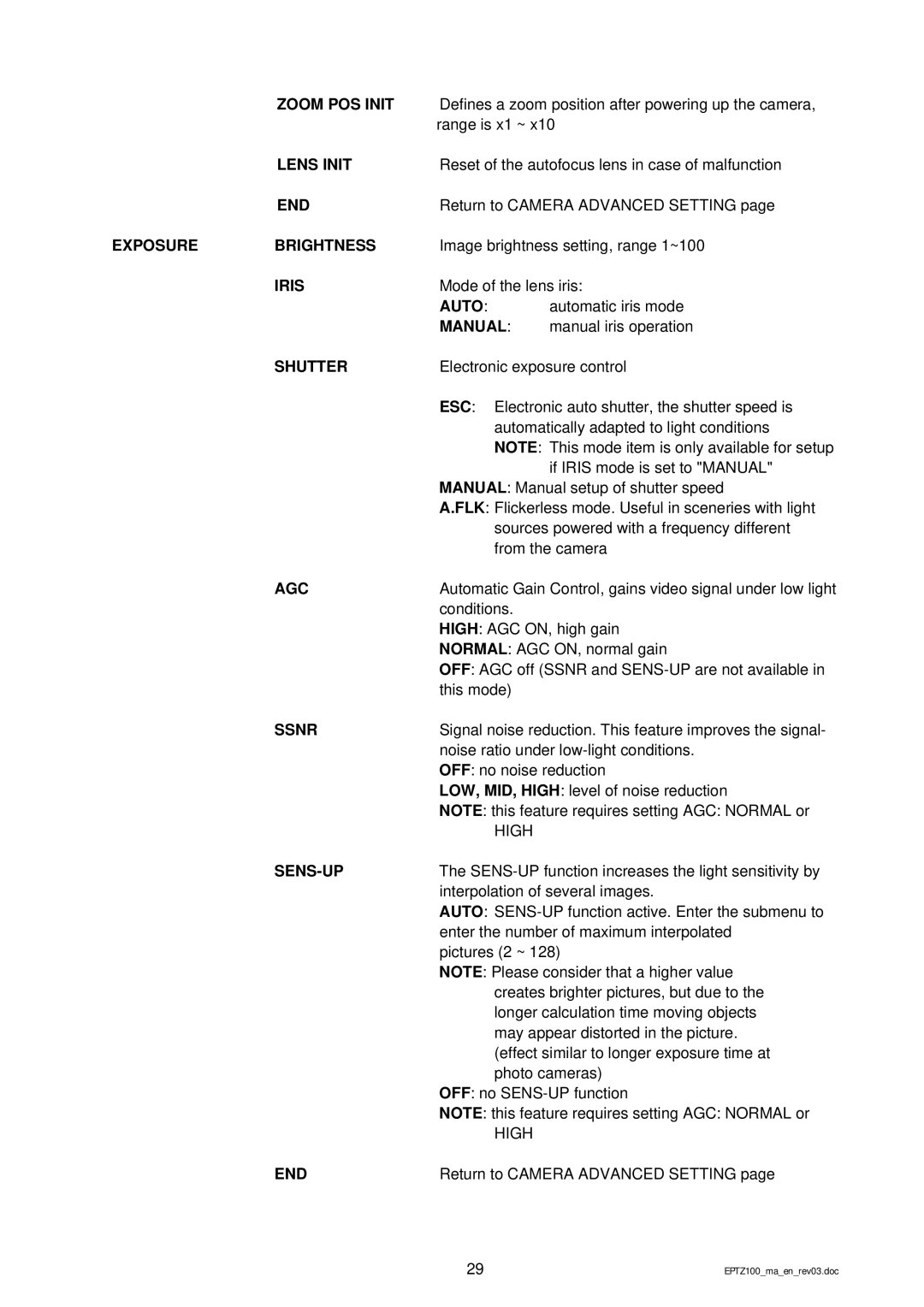 EverFocus EPTZ 100 manual Zoom POS Init, Lens Init, End, Exposure Brightness, Iris, Manual, Shutter, Agc, Ssnr, Sens-Up 