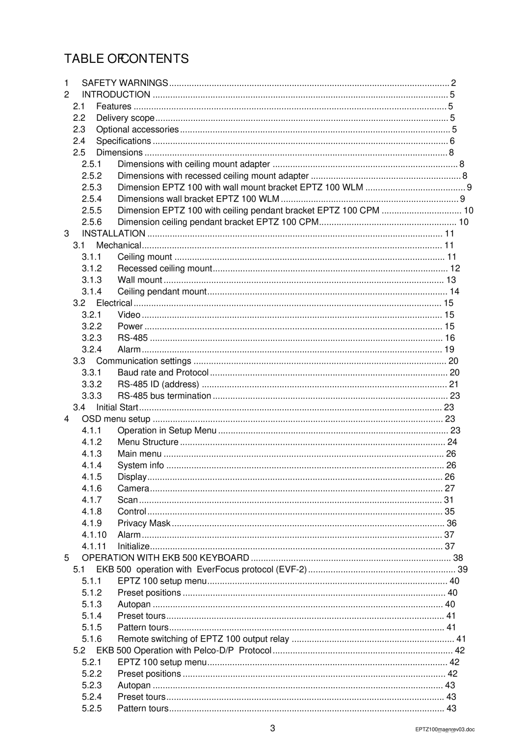 EverFocus EPTZ 100 manual Table of Contents 