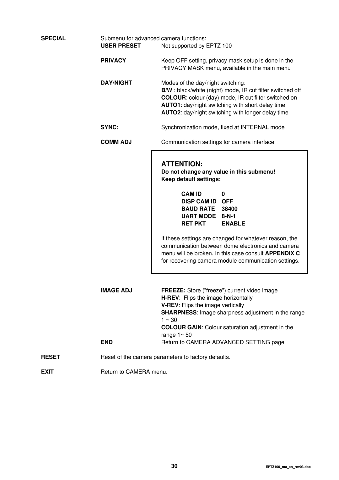 EverFocus EPTZ 100 Special, User Preset, Privacy, Day/Night, Sync, Comm ADJ, CAM ID Disp CAM ID OFF Baud Rate, Image ADJ 