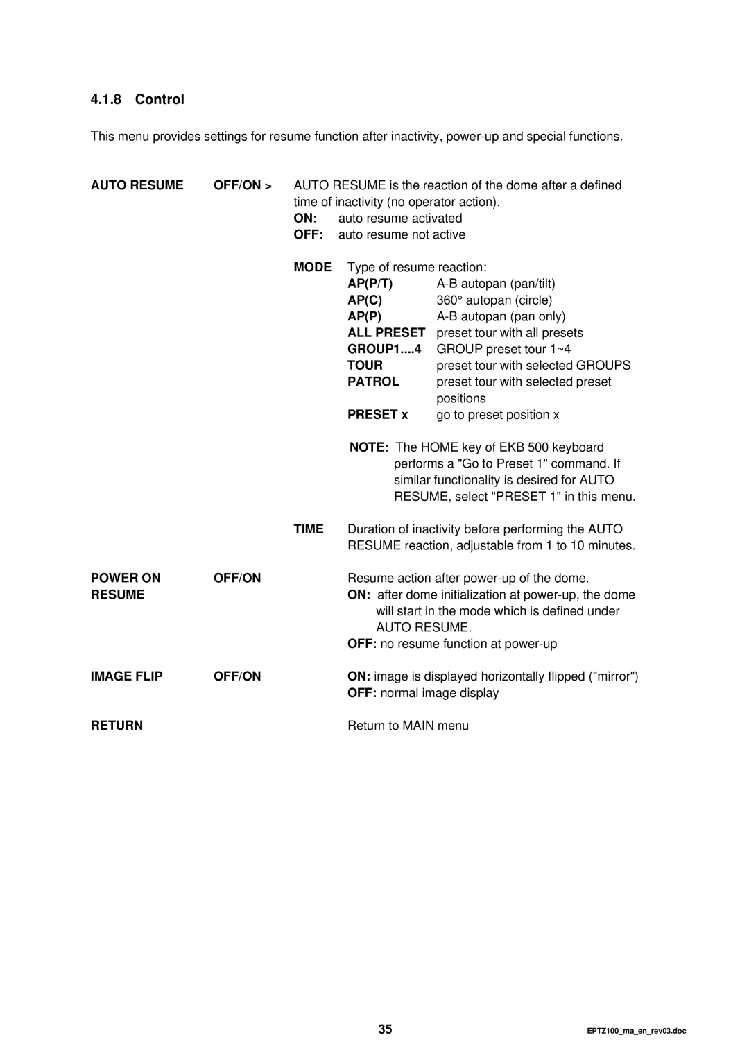 EverFocus EPTZ 100 manual Control 