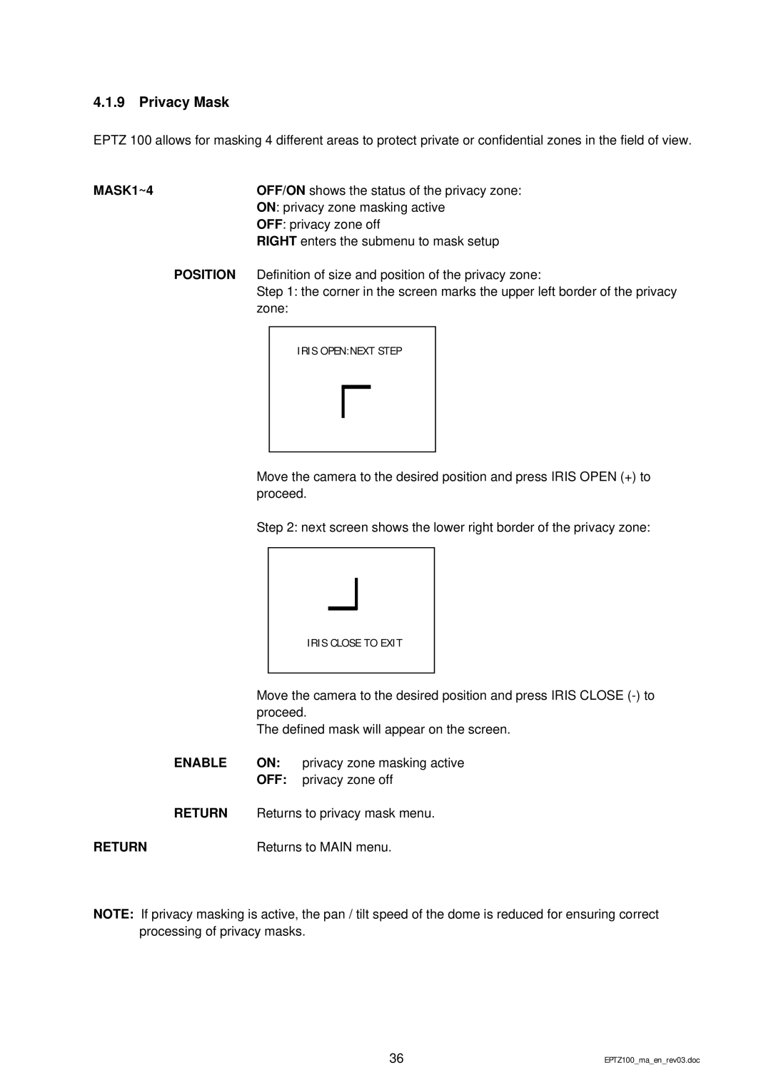 EverFocus EPTZ 100 manual Privacy Mask, MASK1~4 