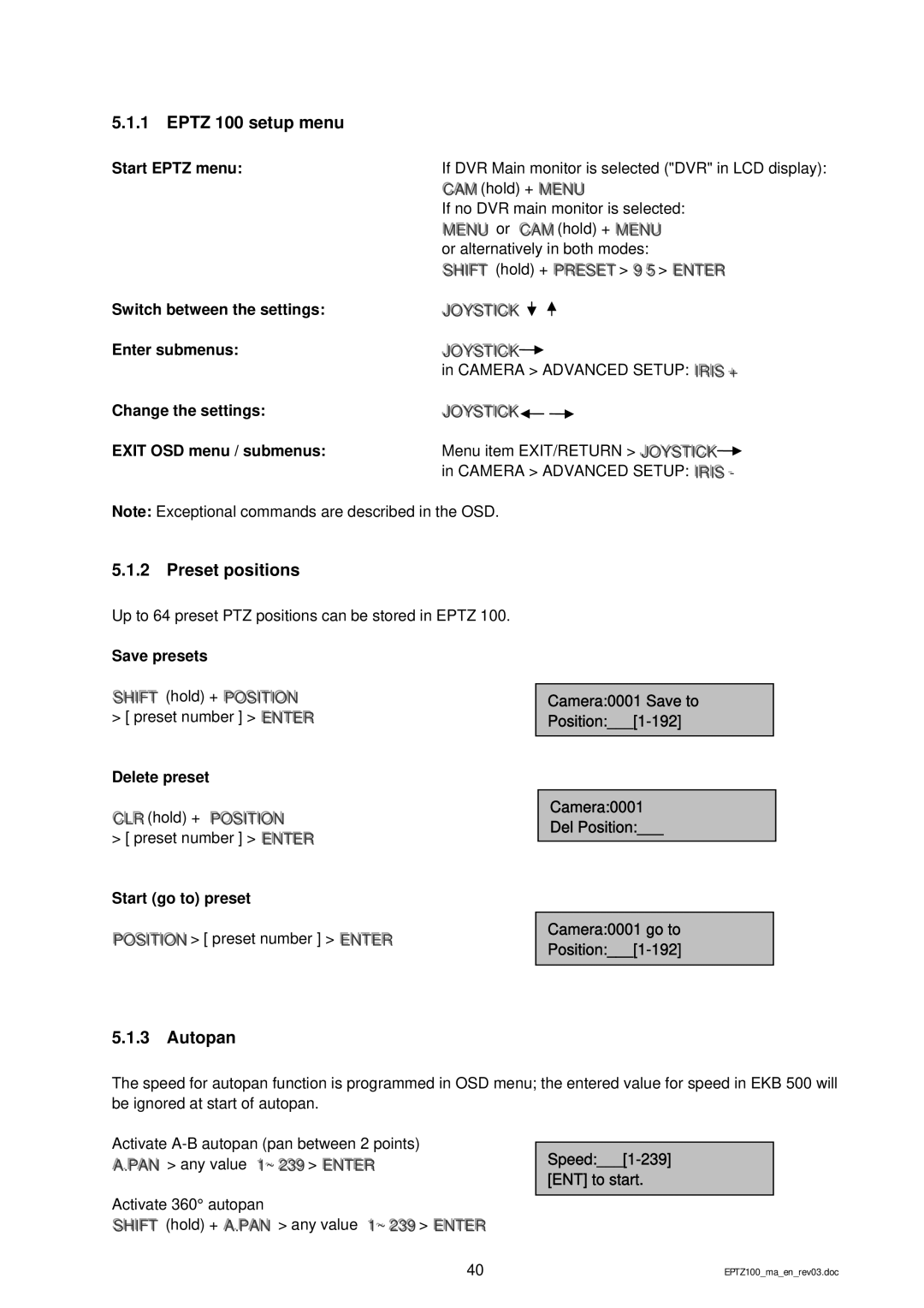 EverFocus EPTZ 100 manual Eptz 100 setup menu, Preset positions, Autopan 