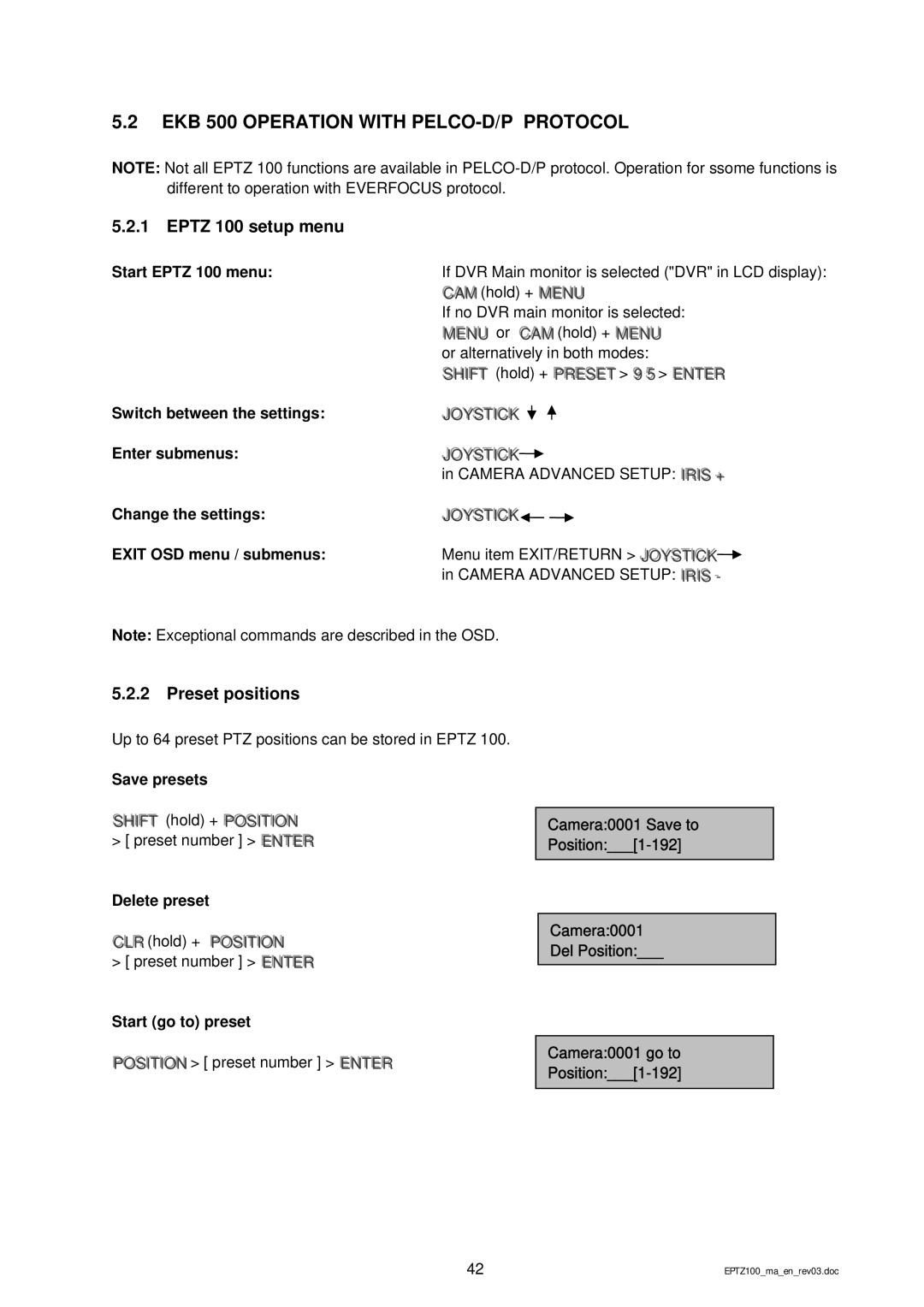 EverFocus EPTZ 100 manual EKB 500 Operation with PELCO-D/P Protocol 