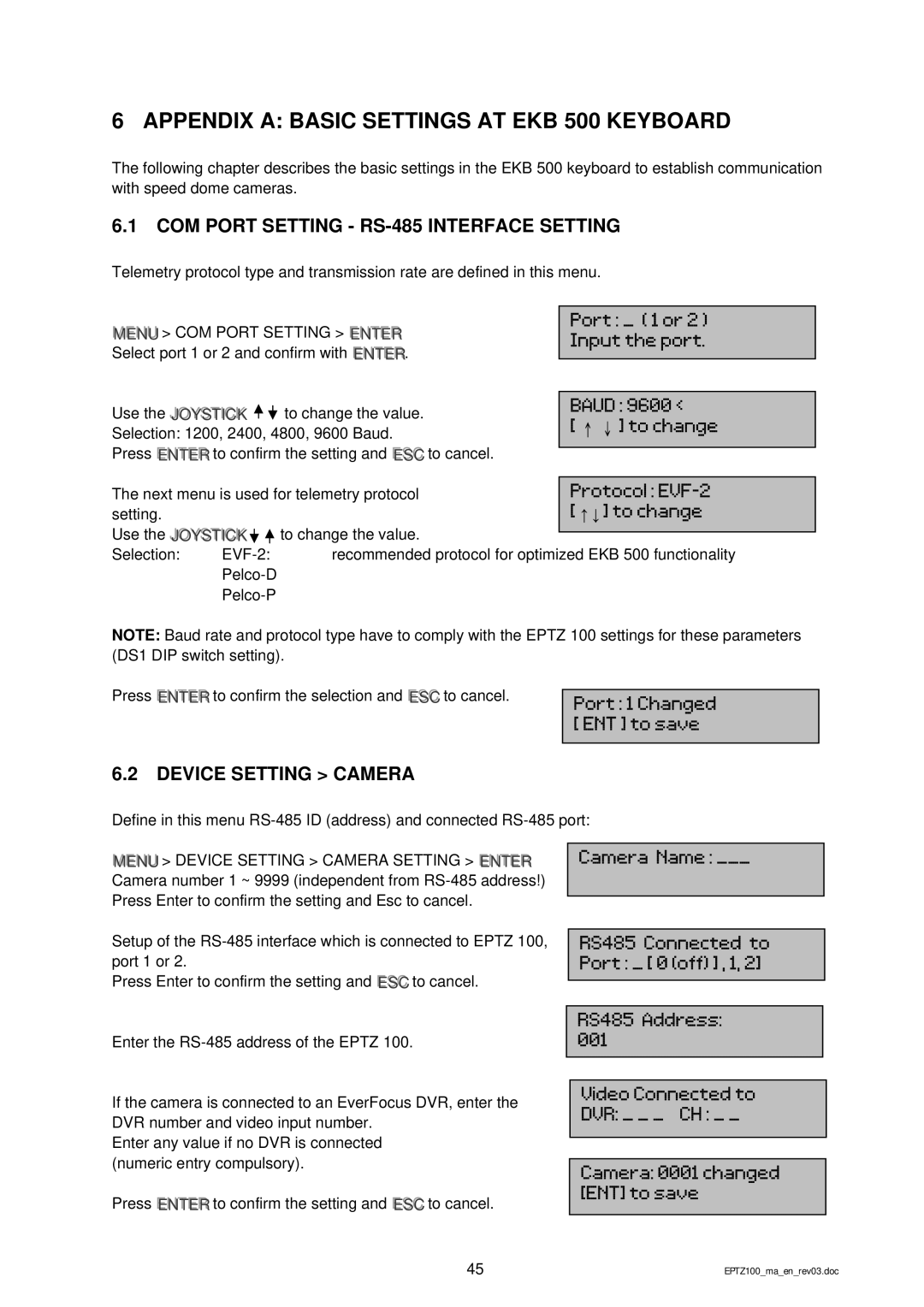 EverFocus EPTZ 100 manual Appendix a Basic Settings AT EKB 500 Keyboard, COM Port Setting RS-485 Interface Setting 