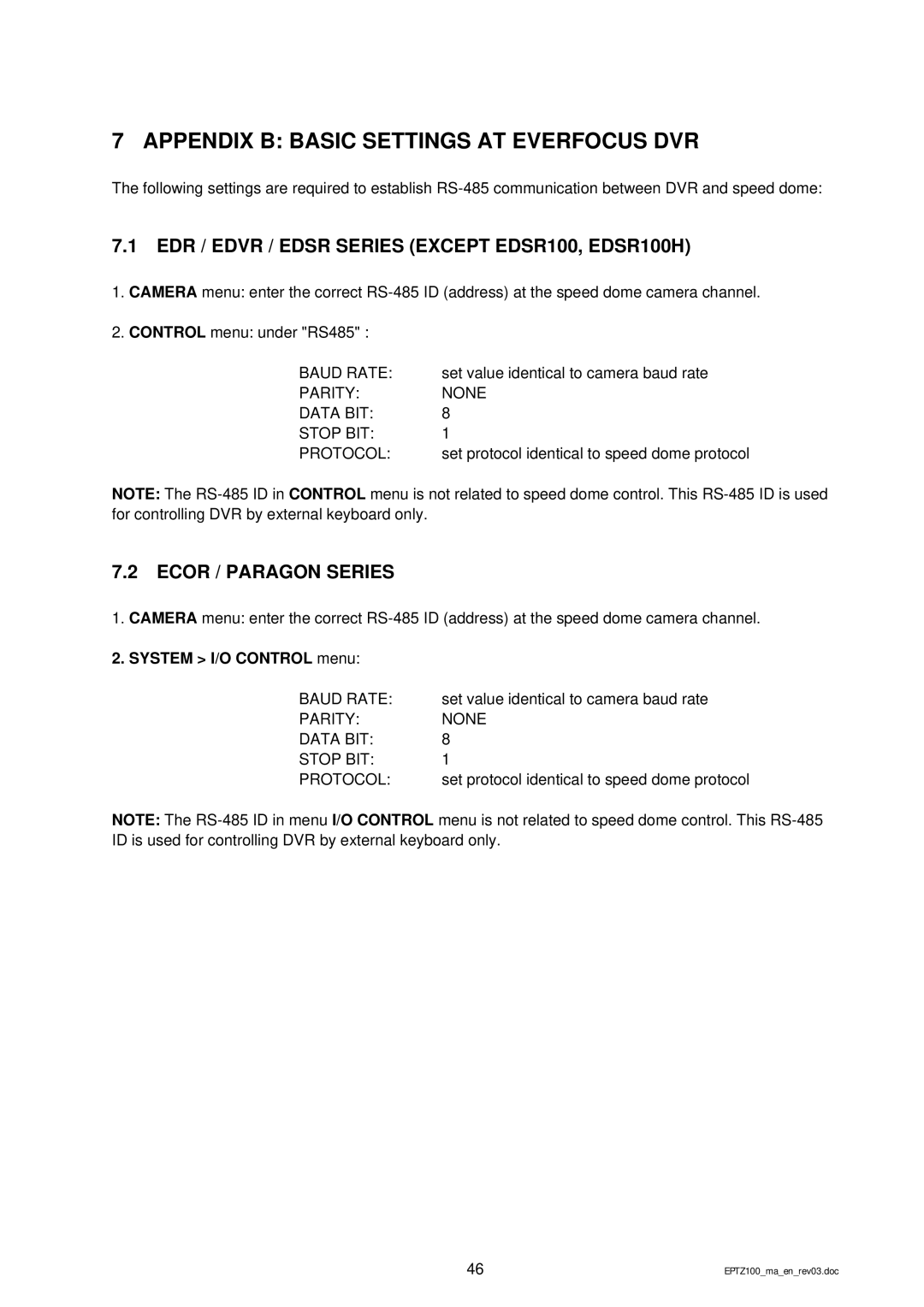 EverFocus EPTZ 100 manual Appendix B Basic Settings AT Everfocus DVR, EDR / Edvr / Edsr Series Except EDSR100, EDSR100H 