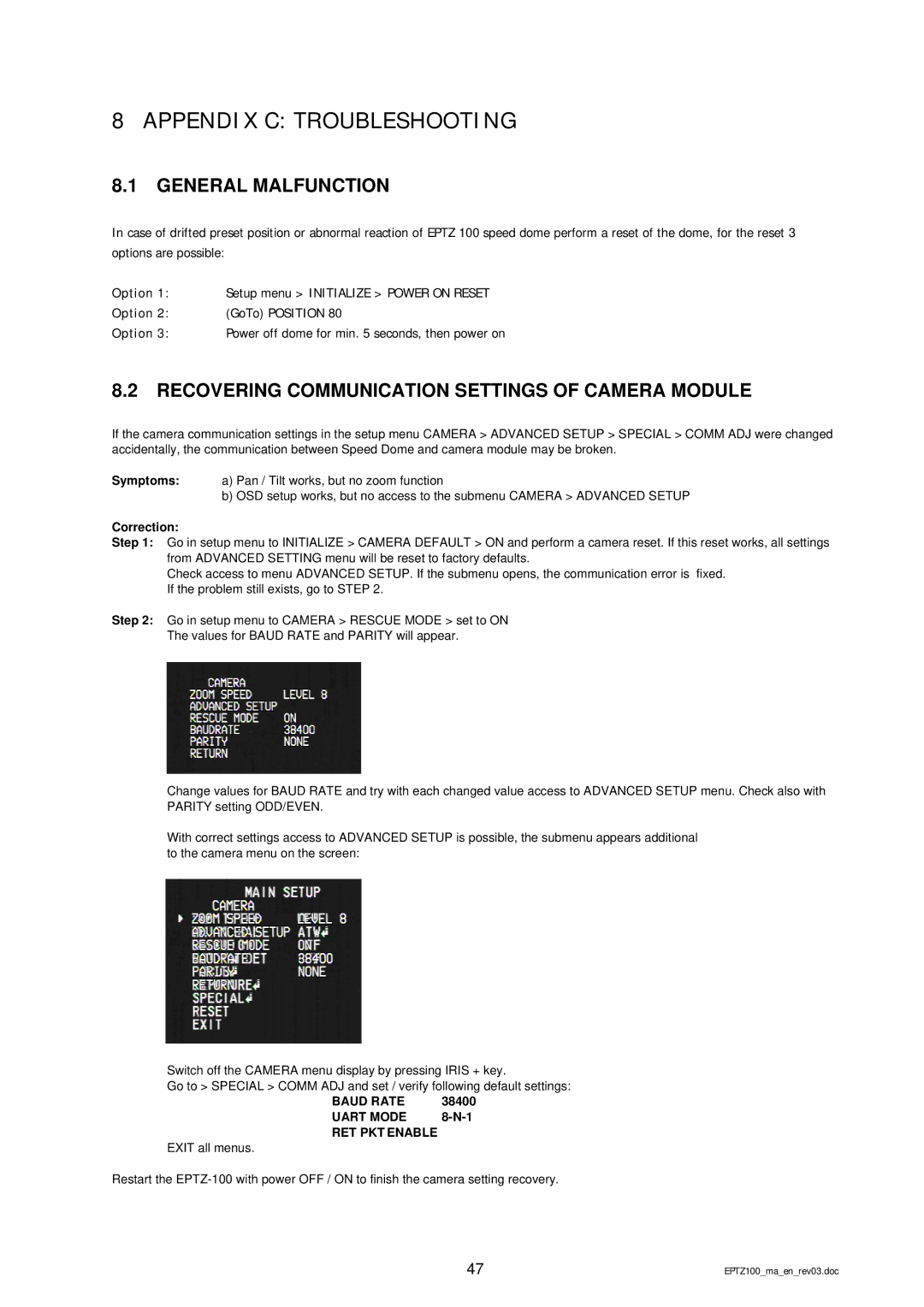 EverFocus EPTZ 100 manual General Malfunction, Recovering Communication Settings of Camera Module 