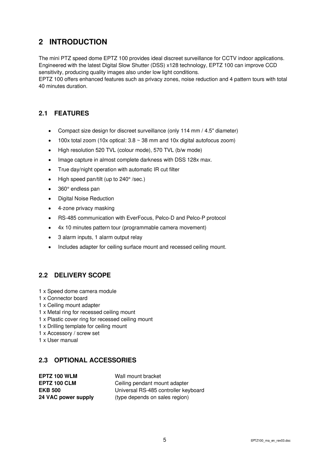 EverFocus EPTZ 100 manual Introduction, Features, Delivery Scope, Optional Accessories 