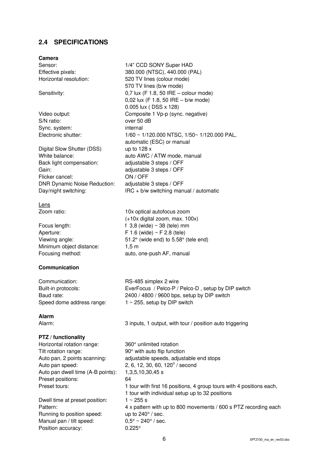 EverFocus EPTZ 100 manual Specifications, Camera, Communication, Alarm, PTZ / functionality 