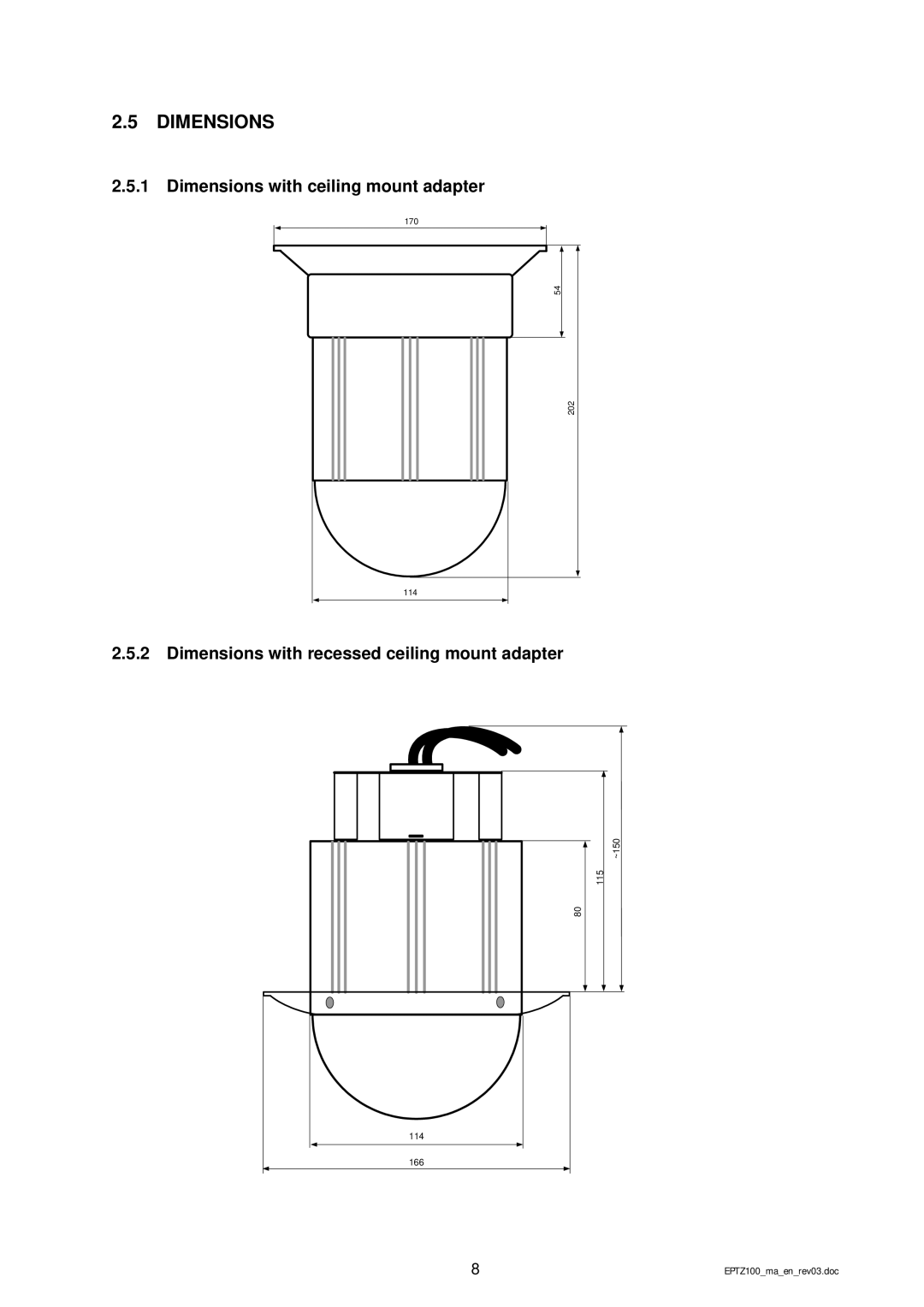 EverFocus EPTZ 100 manual Dimensions with ceiling mount adapter, Dimensions with recessed ceiling mount adapter 