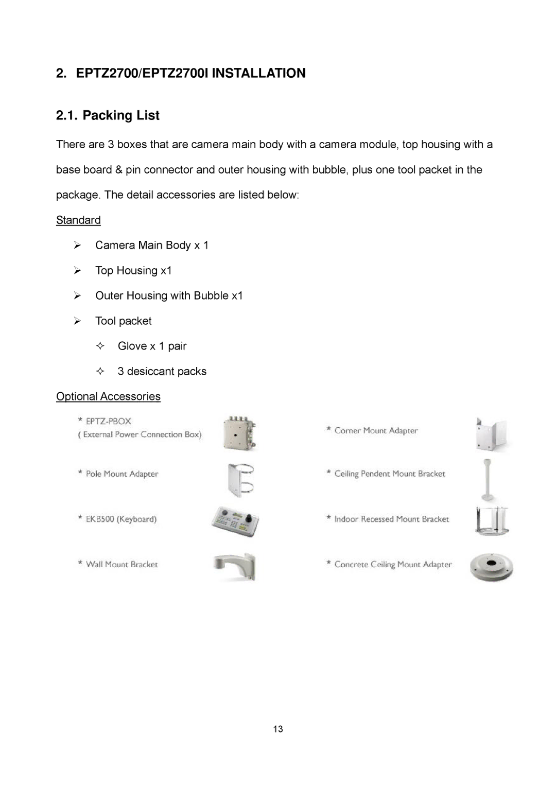 EverFocus EPTZ2700i user manual EPTZ2700/EPTZ2700I Installation, Packing List 