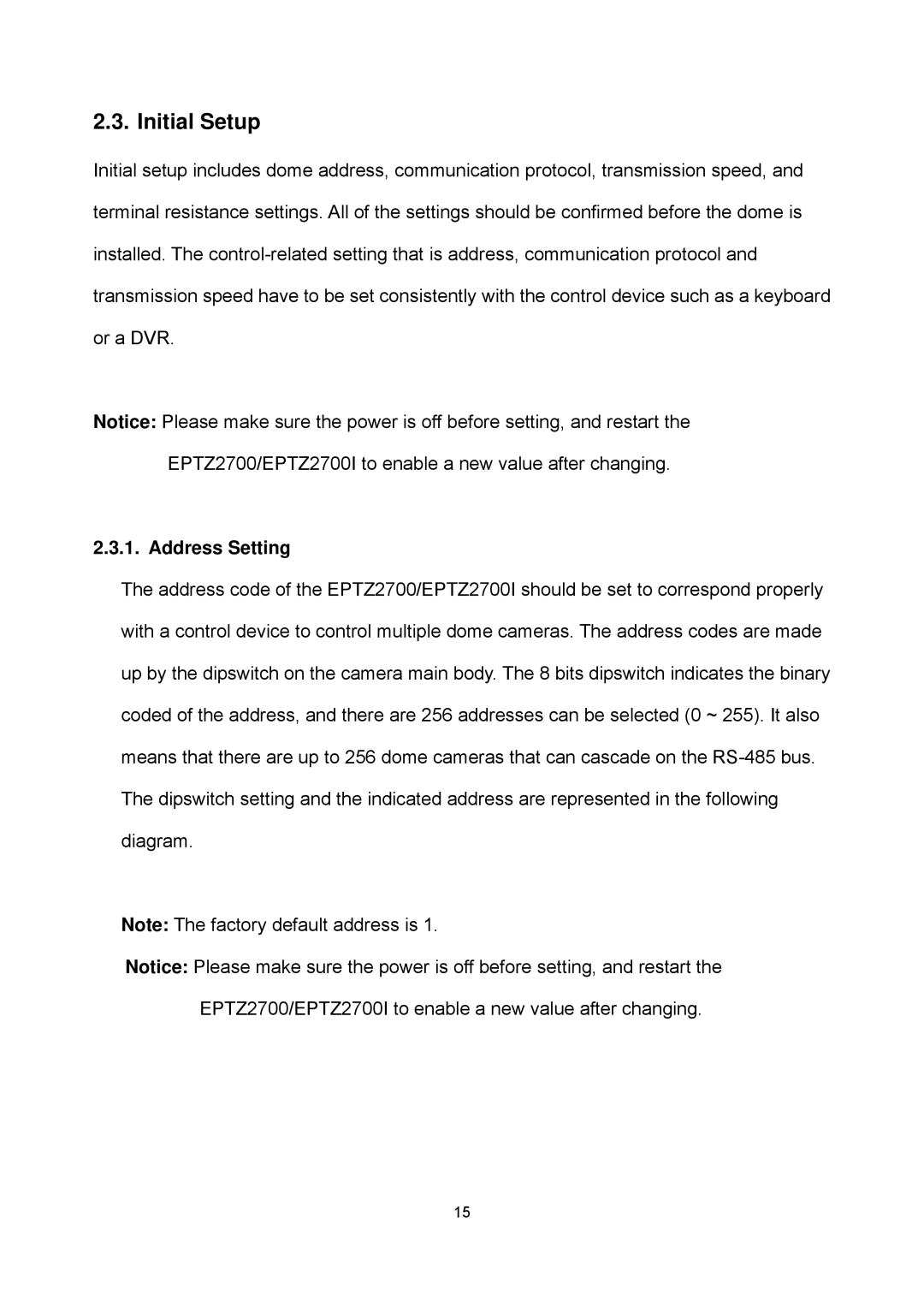 EverFocus EPTZ2700i user manual Initial Setup, Address Setting 